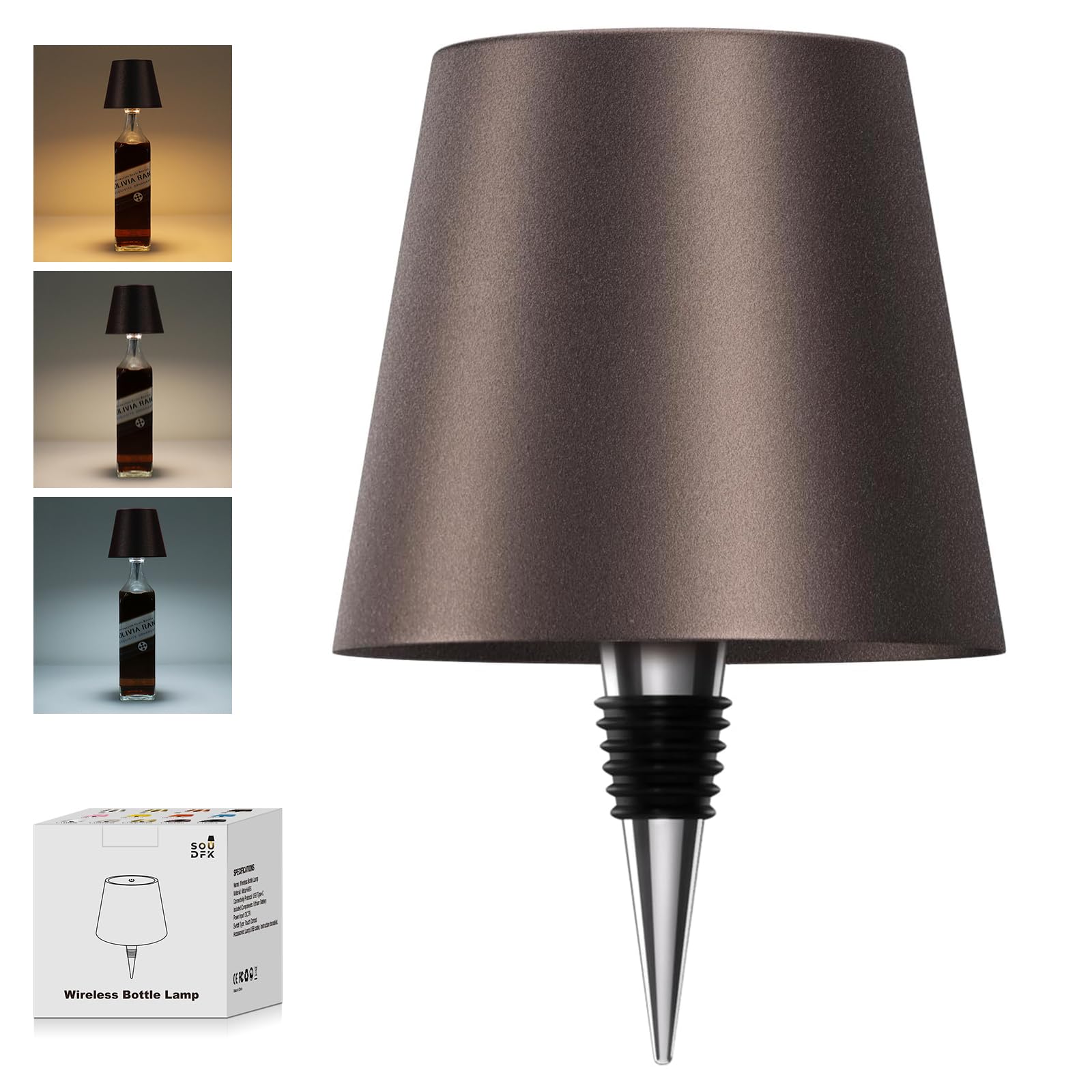 SOUDFK Wireless Bottle Lamp, 2025 New 3 Color Rechargeable Wine Bottle Lights for Bars Restaurants (Brown, 1PC)