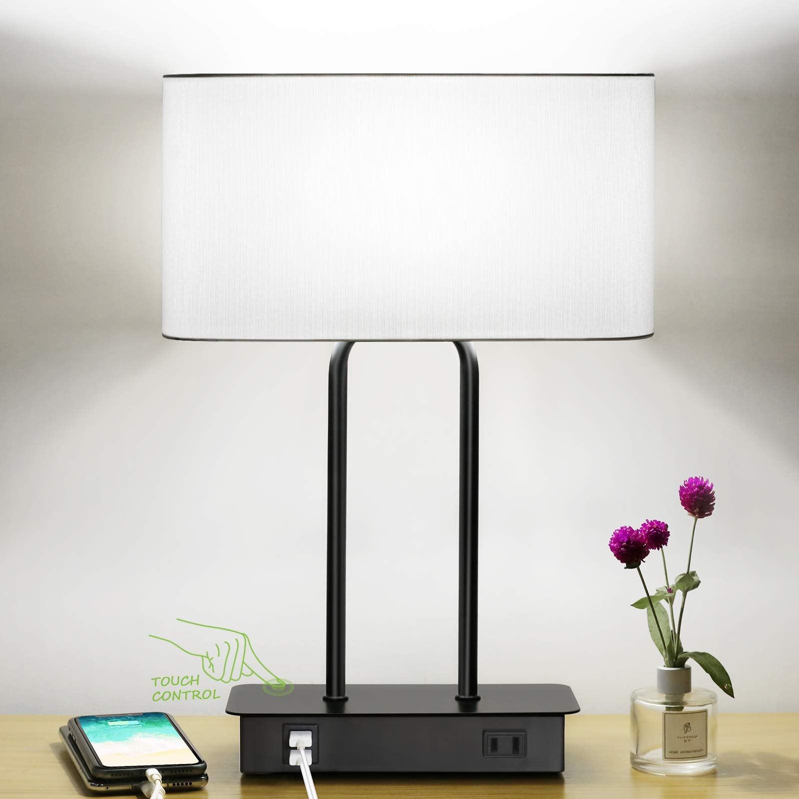 Bedside Touch Control Table Lamp with Dual USB Charging Ports 1 AC Outlet, 3 Way Dimmable Modern Nightstand Lamp with White Fabr