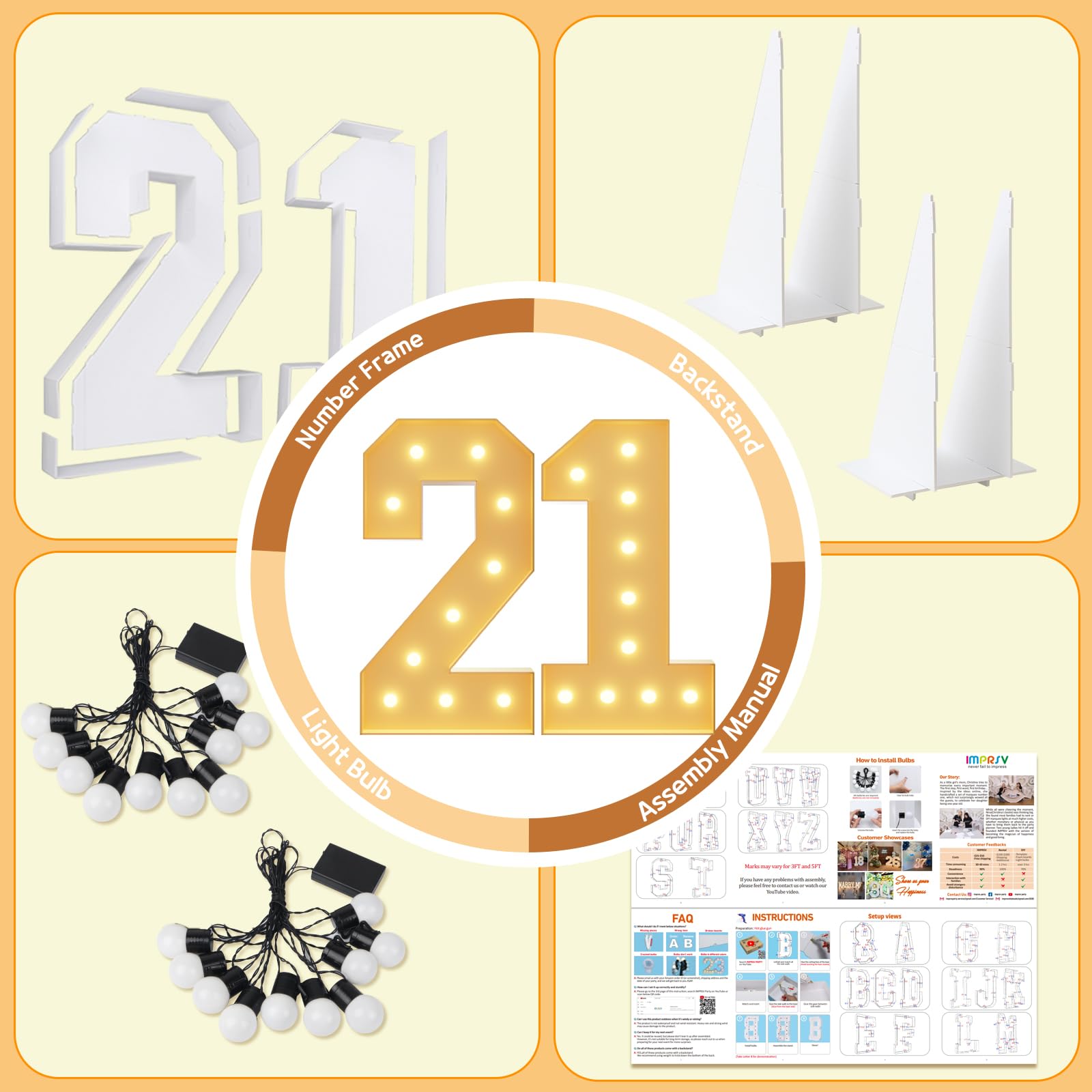 imprsv 21st Birthday Light Up Numbers, 4FT Foam Board Decorations for Her & Him, Anniversary Party Arch Kit