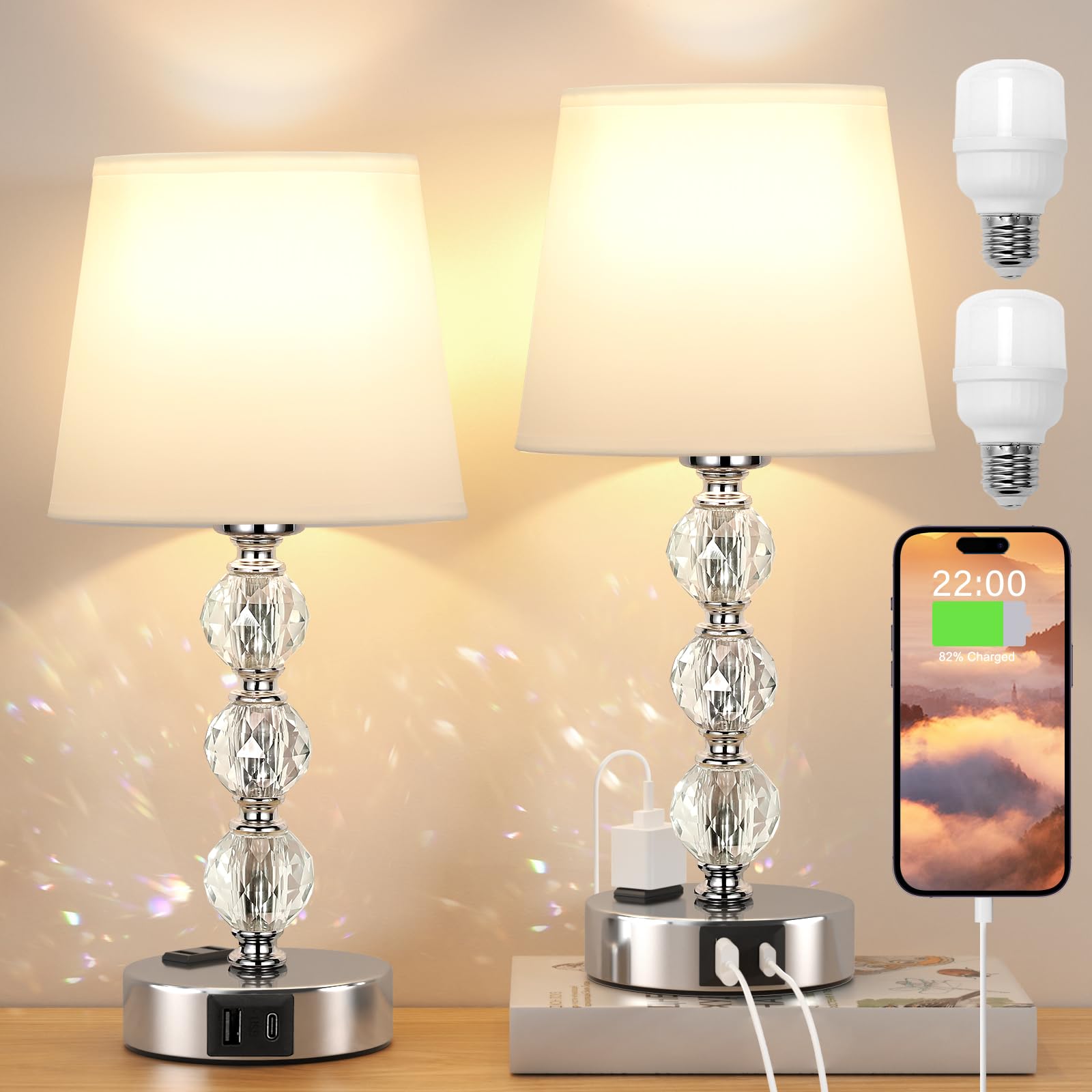 Acaxin 14.6'' Bedside Lamps For Bedrooms Set Of 2 - Mini Crystal Table Lamps With Usb A+C Charging Ports And Ac Outlet, 3 Way Di