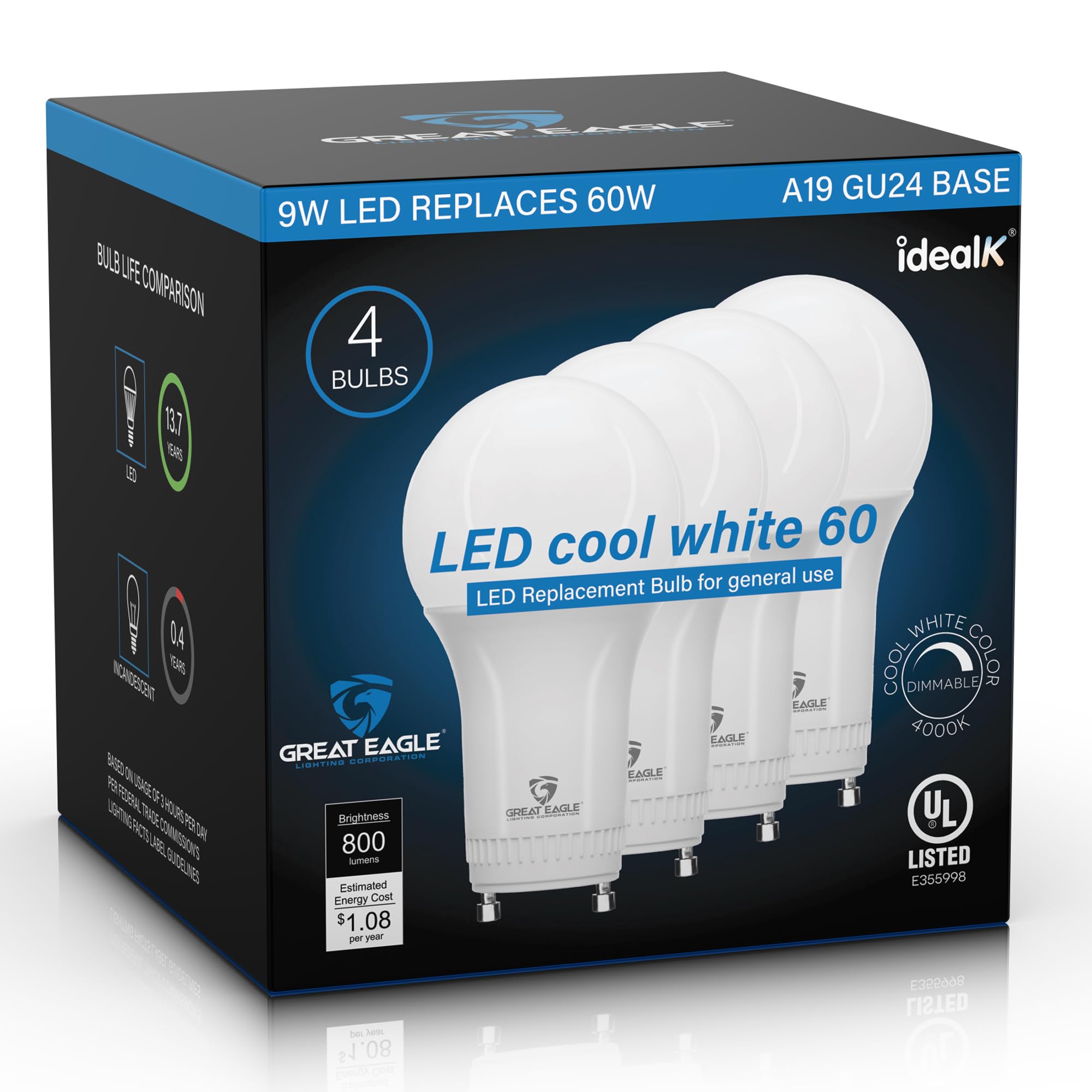 Great Eagle Gu24 Led Bulb - A19 Shape, 9W (60W Equivalent), Dimmable, 4000K Cool White, Ul Listed, Twist-In Light Bulb, 2 Prong 