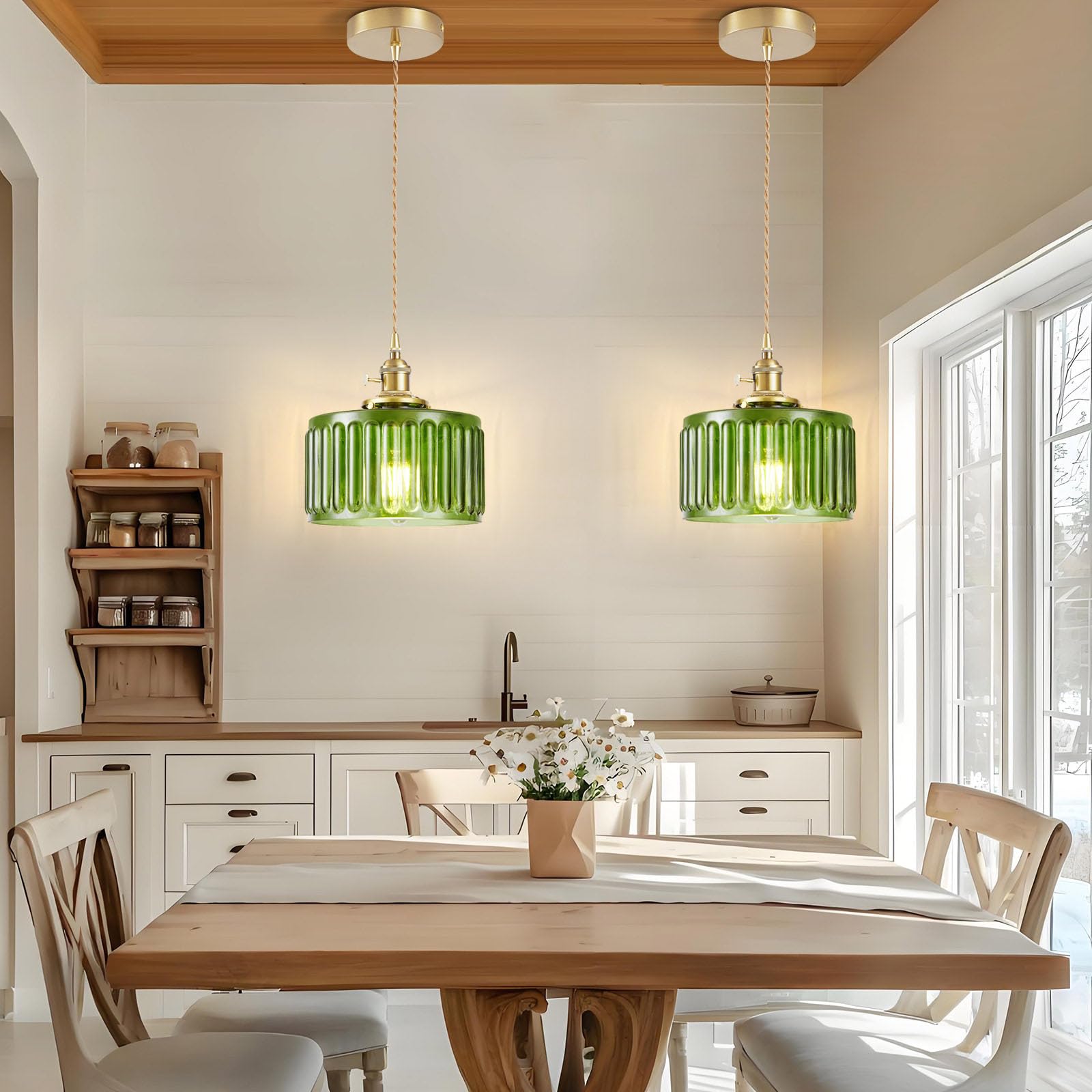 WimiSom 2 Pack Industrial Pendant Lighting, Glass Shade, Adjustable, Green