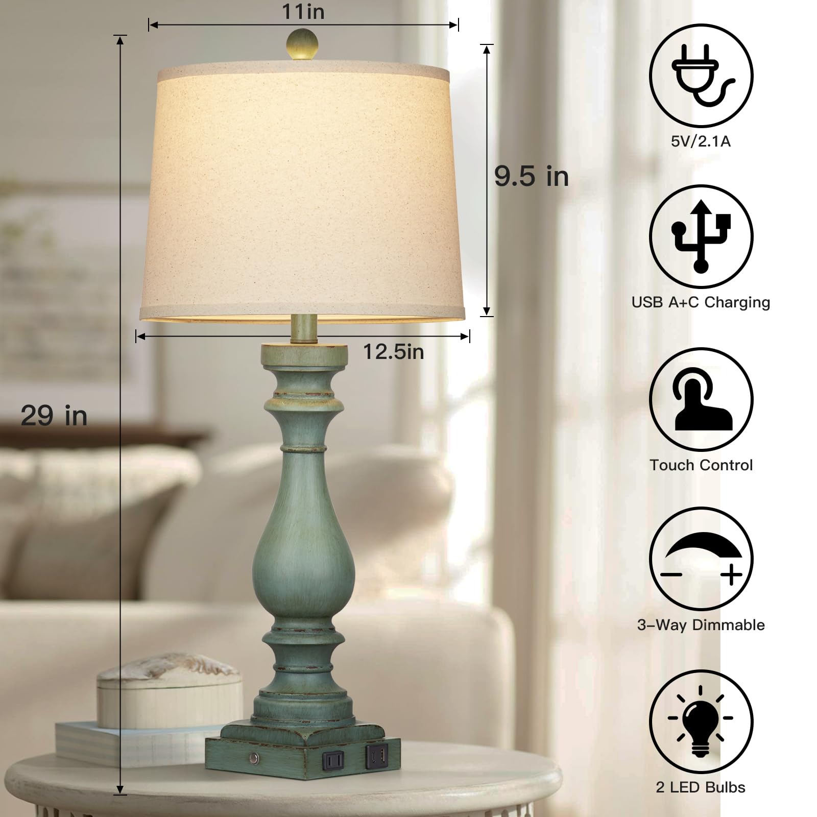 Cinkeda 29 Tall Table Lamp for Living Room Set of 2,Vintage Bedside Nightstand Lamps with USB C+A Ports & AC Outlet,3-Way Dimmab