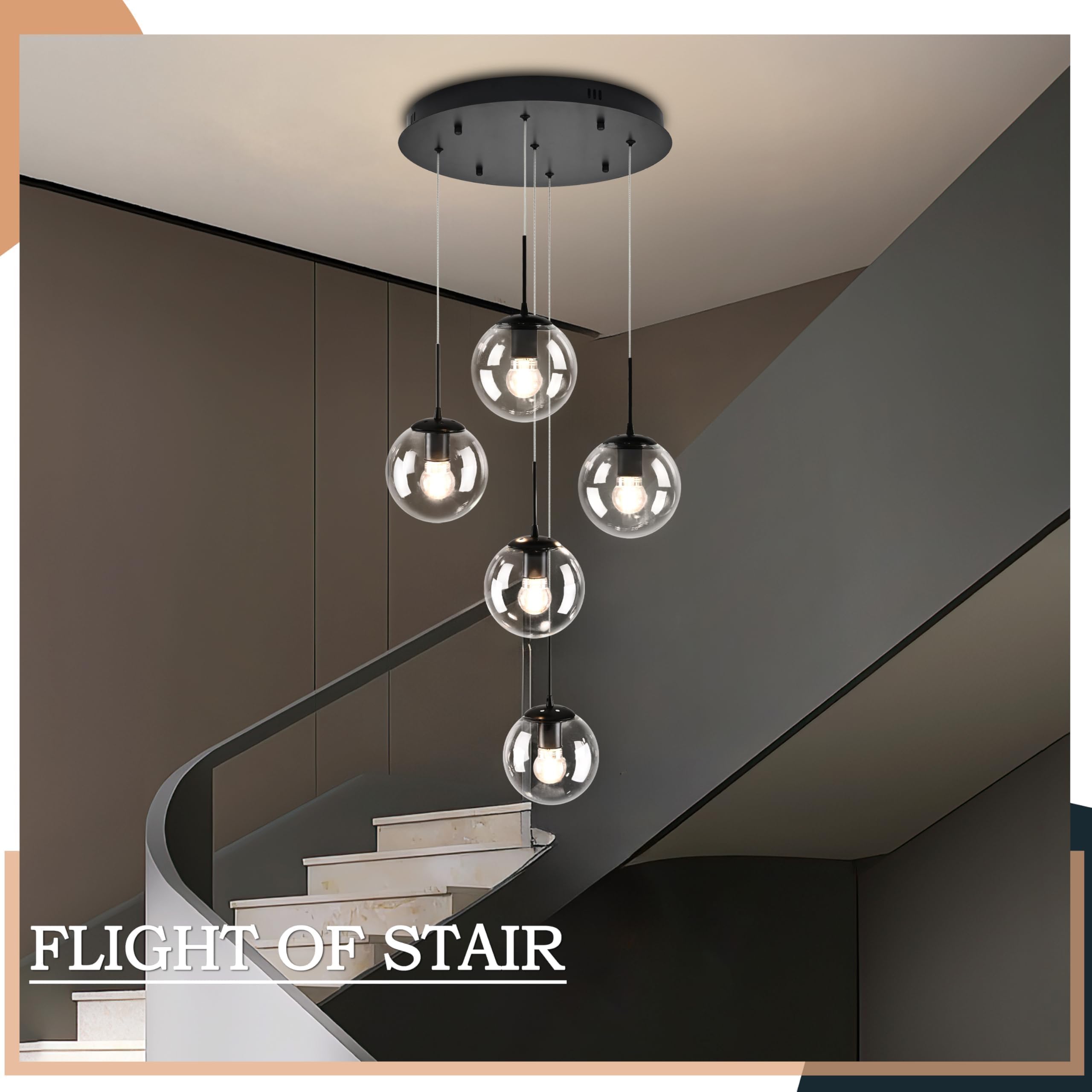 Koko&Yukina 5-Light Globe Glass Pendant Light Adjustable Length Pendant Lights Modern Black Clear Globe Glass Chandelier High Ce