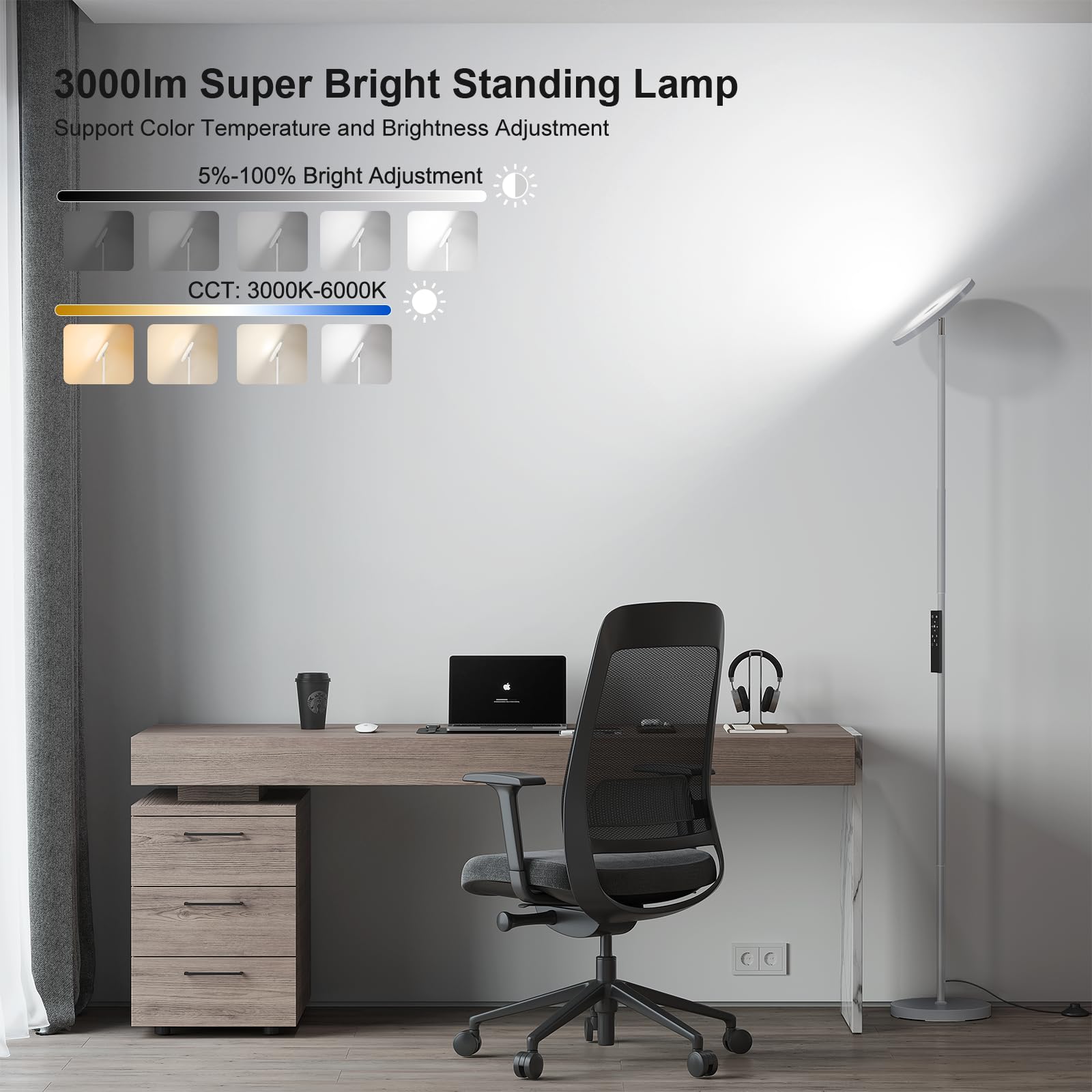 SUNMORY LED Floor Lamp, 32W/3000LM Bright Torchiere, 69" Tall, Gray Metal, Remote Control, Stepless Dimmable for Living Room/Office