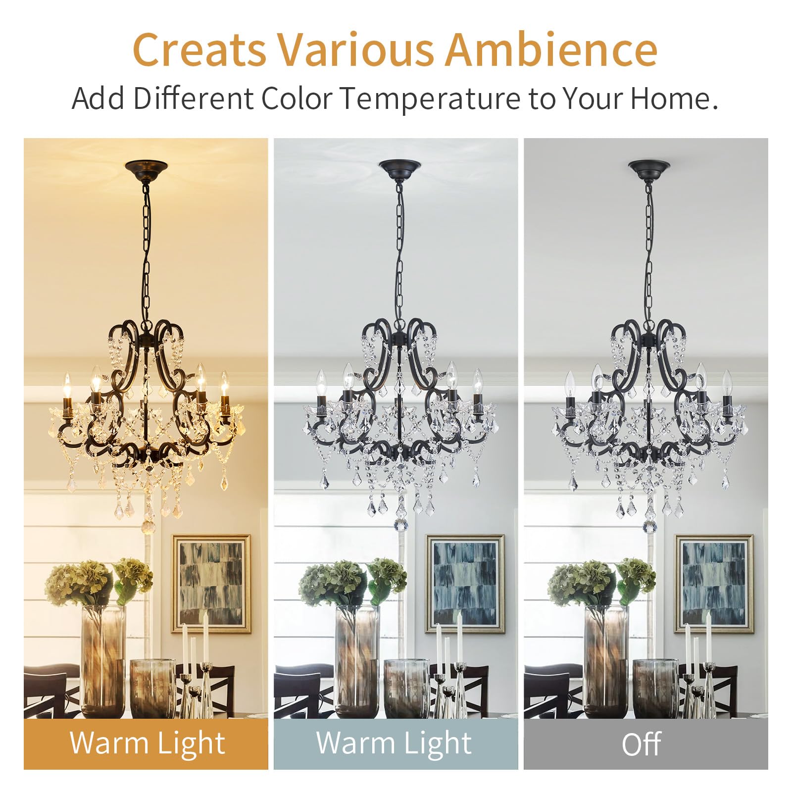 ANJIADENGSHI 5-Light Black Crystal Chandelier, 27" High, Modern Pendant Light Fixture for Dining Room, Living Room, Kitchen