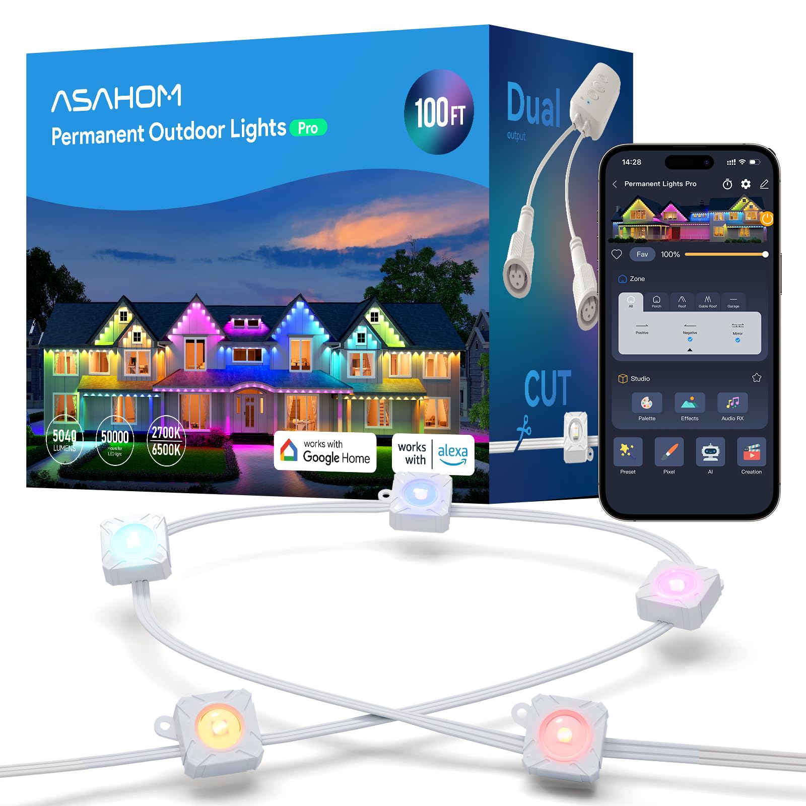 ASAHOM Permanent Outdoor Light Pro S108B, 100FT with 72 RGBCW 70lm LED, WLED Integration, AI Lighting, 30000 Lighting Effect Com