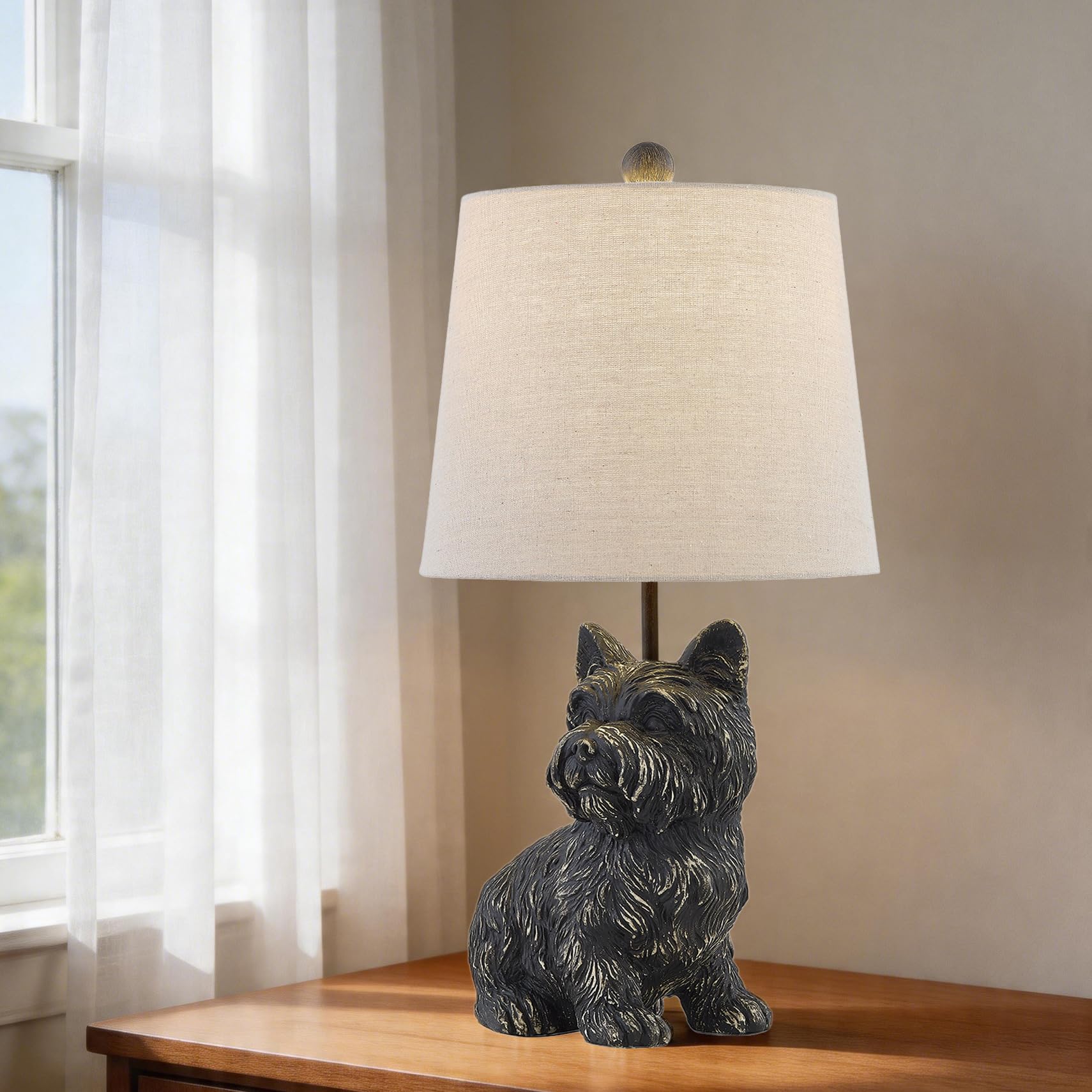Crestview Collection Yorkie Table Lamp, 22 H Black Resin Dog Lamp with Beige Linen Tapered Drum Shade, Sculpted Animal Lamp for 