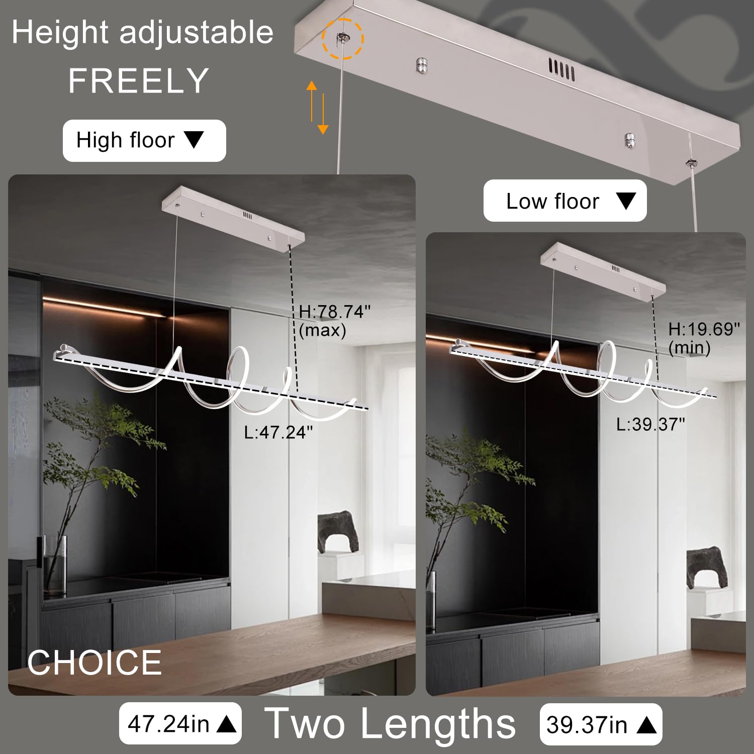 Likflyer 47.24 Modern Chandelier Led Pendant Light For Kitchen Island Lighting Dimmable Modern Led Chandelier For Dining Room Over Table Creative Snake-Shaped Twist Design Kitchen Ceiling Hanging