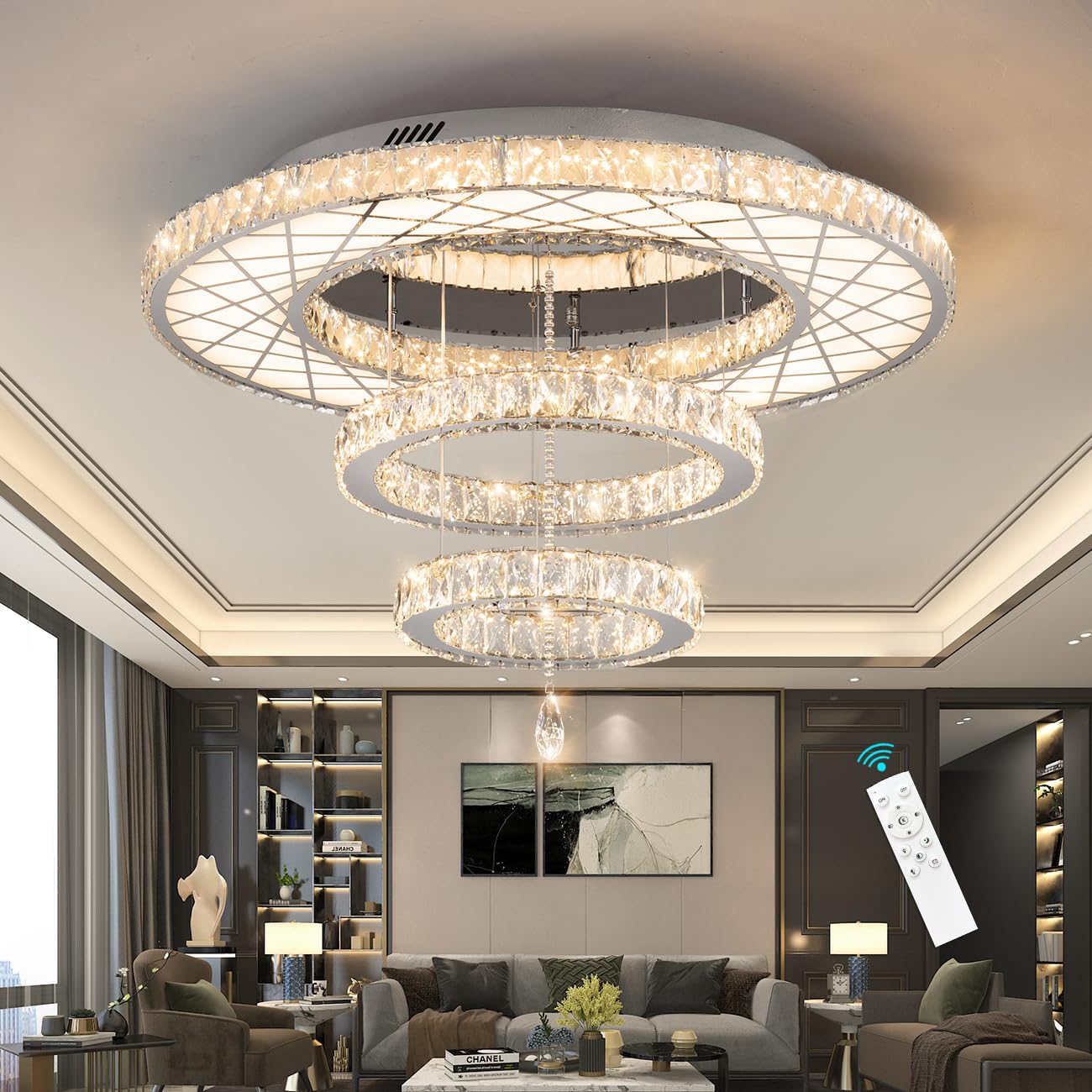 HAIXIANG Crystal Glam Chandelier LED Ceiling Light Living Room Lighting Fixtures Remote Dimmable Ceiling Chandeliers Silver 40 I
