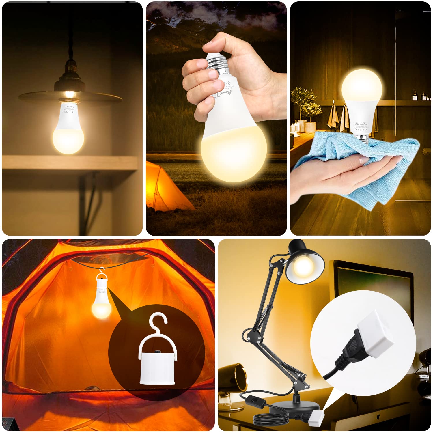 AmeriTop 4 Pack Rechargeable LED Light Bulbs, 9W (60W Equivalent), 850 Lm, 3000K Warm White, E26 Base for Emergency, Camping,