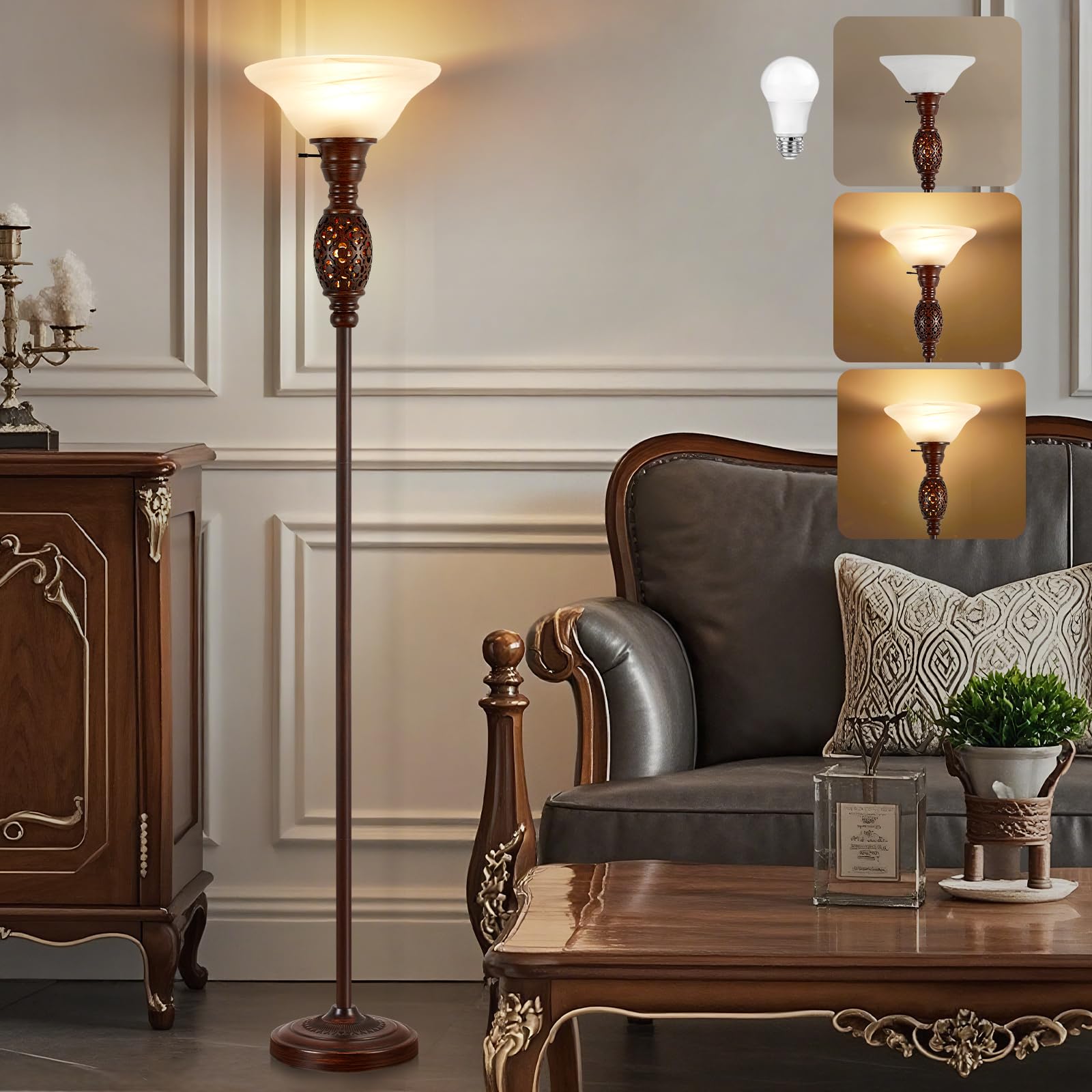 70 Torchiere Floor Lamp with NightLight - Victorian Style Standing Lamp for Living Room  Bedroom  Office - Retro Floor Lamps with Rotary Switch & Etched Glass Shade  Home Decor  Bulb Included
