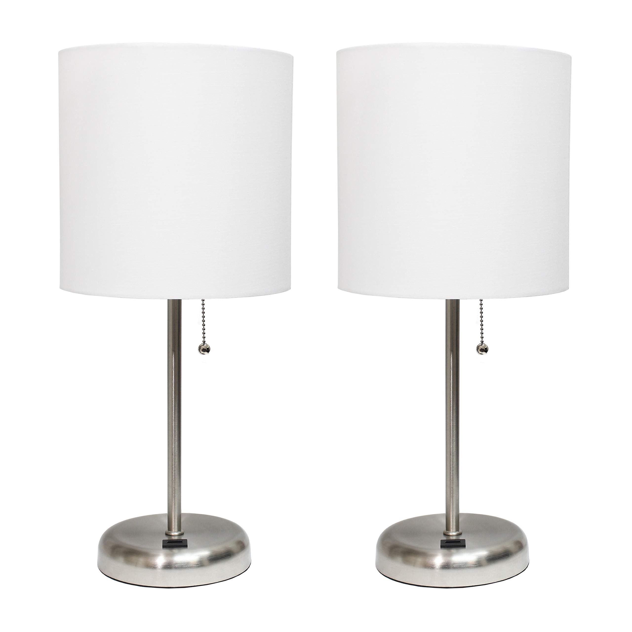 Simple Designs Lc2002-Wht-2Pk Brushed Steel Stick Table Lamp Set With Usb Charging Port And White Fabric Shades, 2 Pack Set