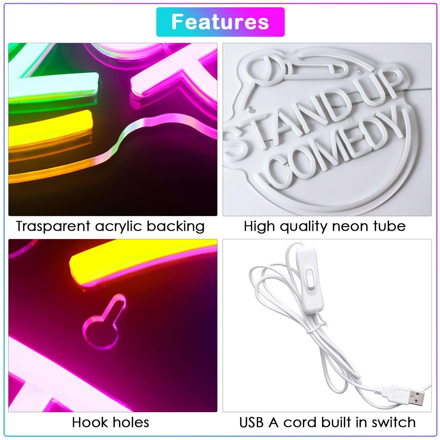 JURONGYILU Neon Stand Up Comedy Sign, Colorful LED Wall Decor, 13.7inx12.6in, Acrylic