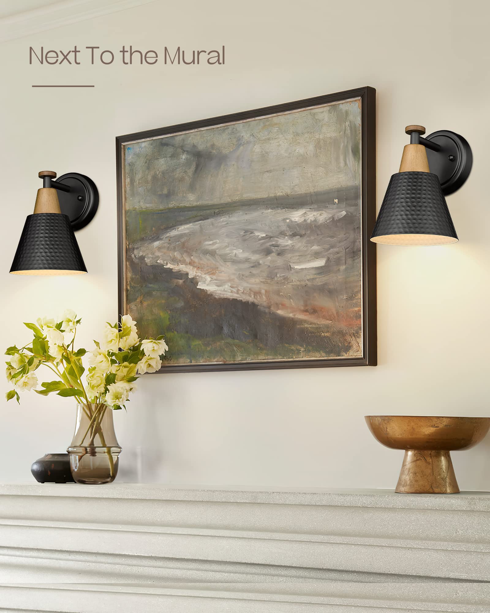 FEMILA Wall Sconces Set of 2, 1-Light Matte Black Metal Bathroom Light Fixtures, Hammered Shade