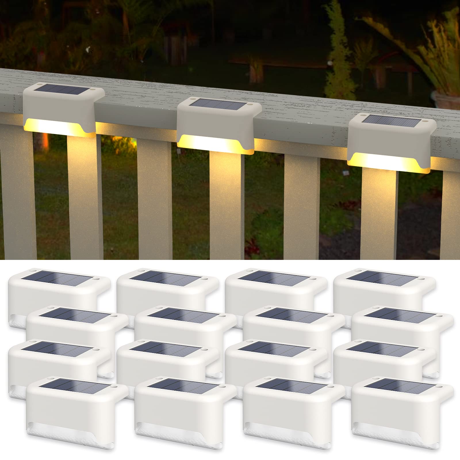 APONUO Solar Deck Lights - 16 Pcs Waterproof LED Outdoor Step Lights for Patio, Garden, Fences - Warm White, Polycarbonate