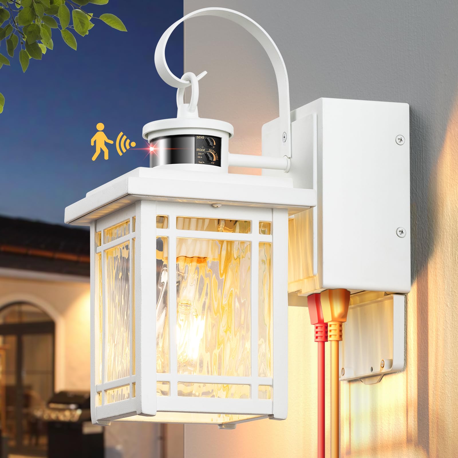 Opaxis Outdoor Porch Light With Gfci Outlet  White Exterior Lighting Fixtures Wall Mount  Motion Sensor Outdoor Wall Sconce  Anti-Rust Coach Lights For Garage  Modern Patio Lantern Lights For House