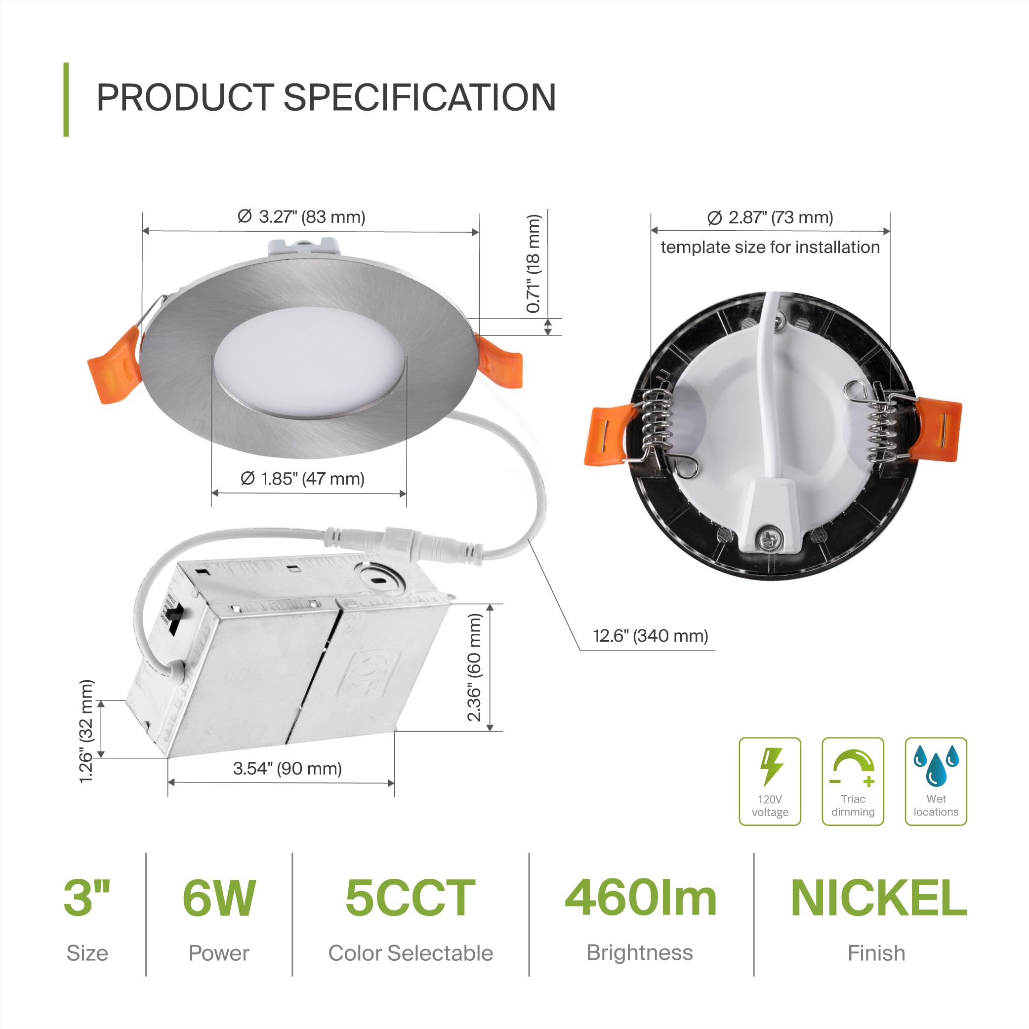 Asd 6 Pack 3 Inch Led Recessed Light 6W  5 Cct 2700K-5000K Cri90+  Ic Rated Ultra Thin Dimmable Ceiling Lights With J Box  Canless Wafer Downlight  Round Slim Panel Lighting  Ul Energy Star  Nickel
