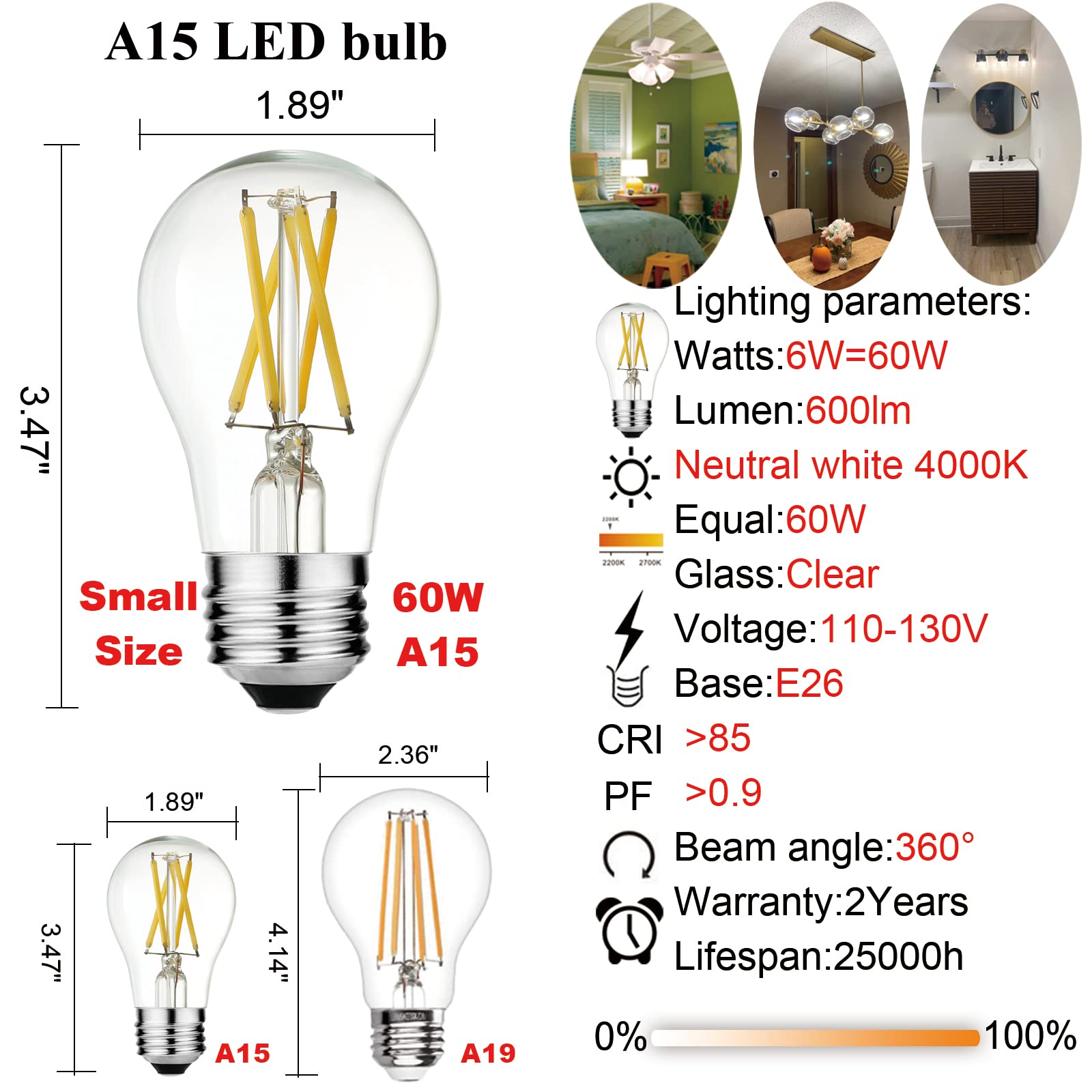 Litehistory A15 Led Bulb 6W Equal E26 Bulb 60 Watt Non-Dimmable E26 Edison Bulb Neutral White 4000K Clear Ac120V 600Lm E26 Led B