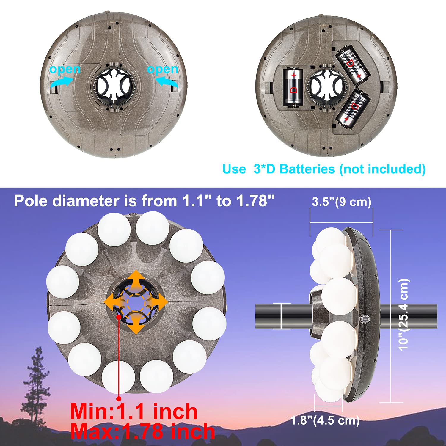 BIGMONAT Patio Umbrella Light with RF Remote, 12 Color Changing, 200 Lumens, Bronze-Milky Bulb, Dimmable, Timer Setting, UMBRELLA LIGHT