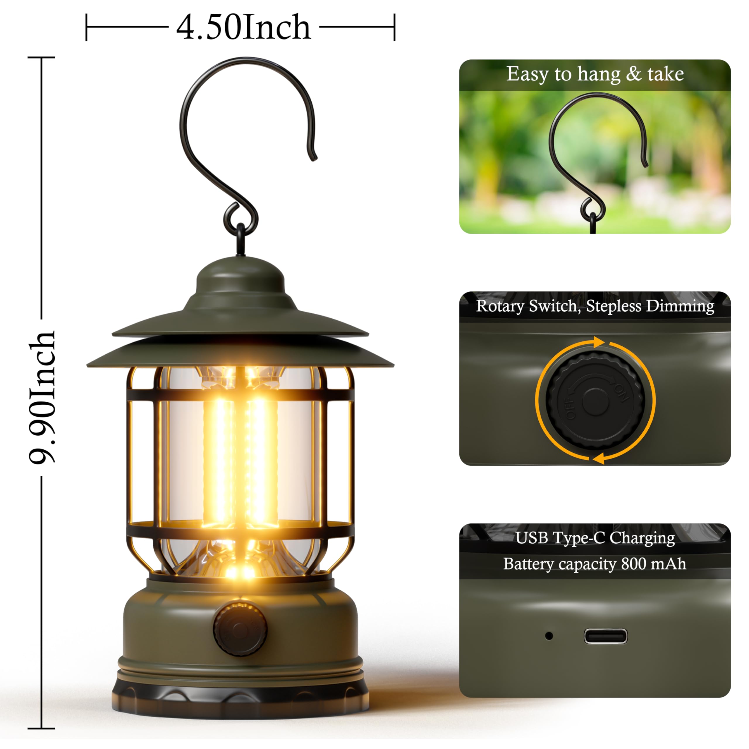 KUNDGLA LED Camping Lantern, 1500LM, USB Rechargeable, Lightweight, Green, Model KG-Camping lantern-Green, 1 Pack