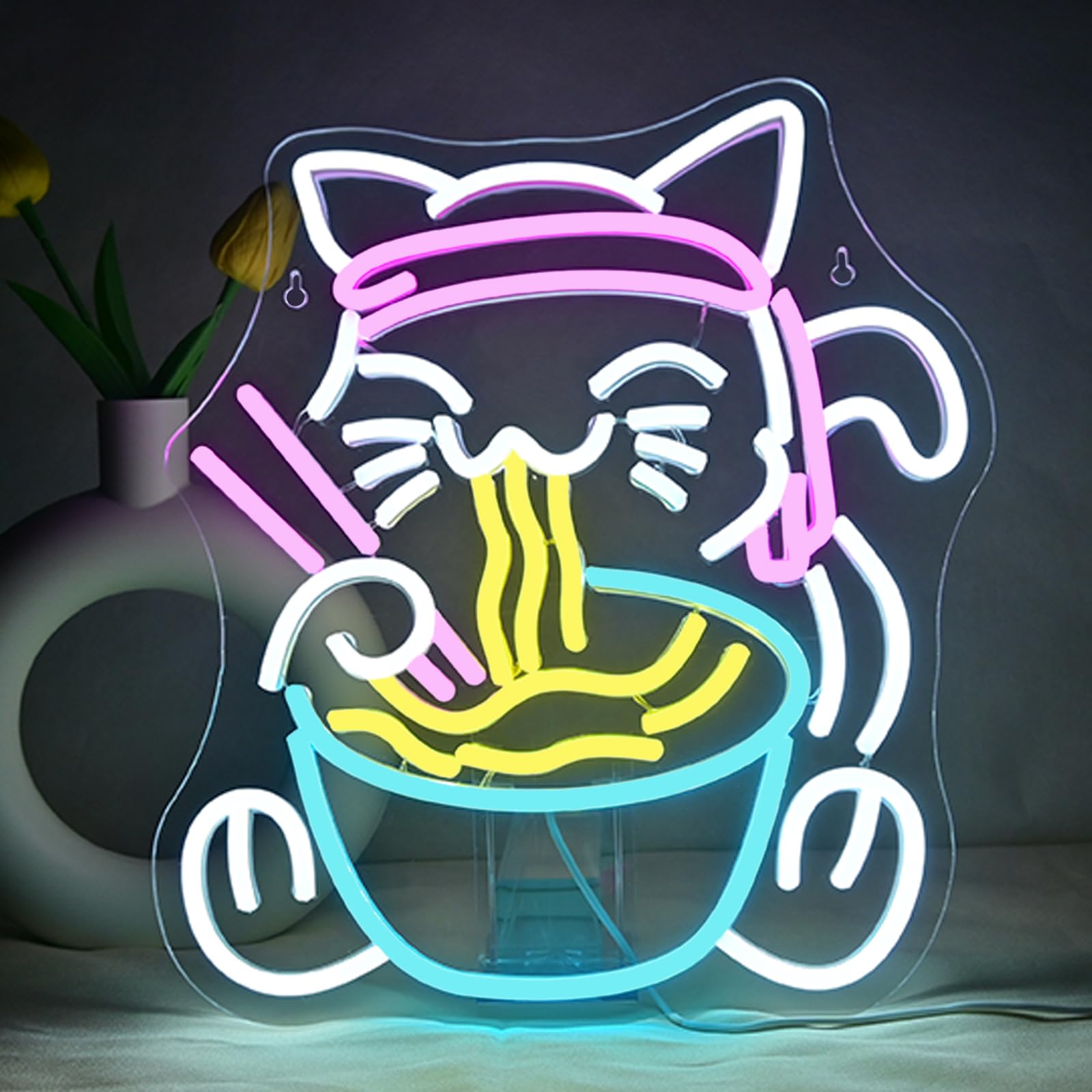 JURONGYILU Neon Light Sign, Japanese Cat LED Wall Decor, 9x16.5 inches, Colorful Fortune Cat, Acrylic, JR-Japanese Lucky Cat Noodle