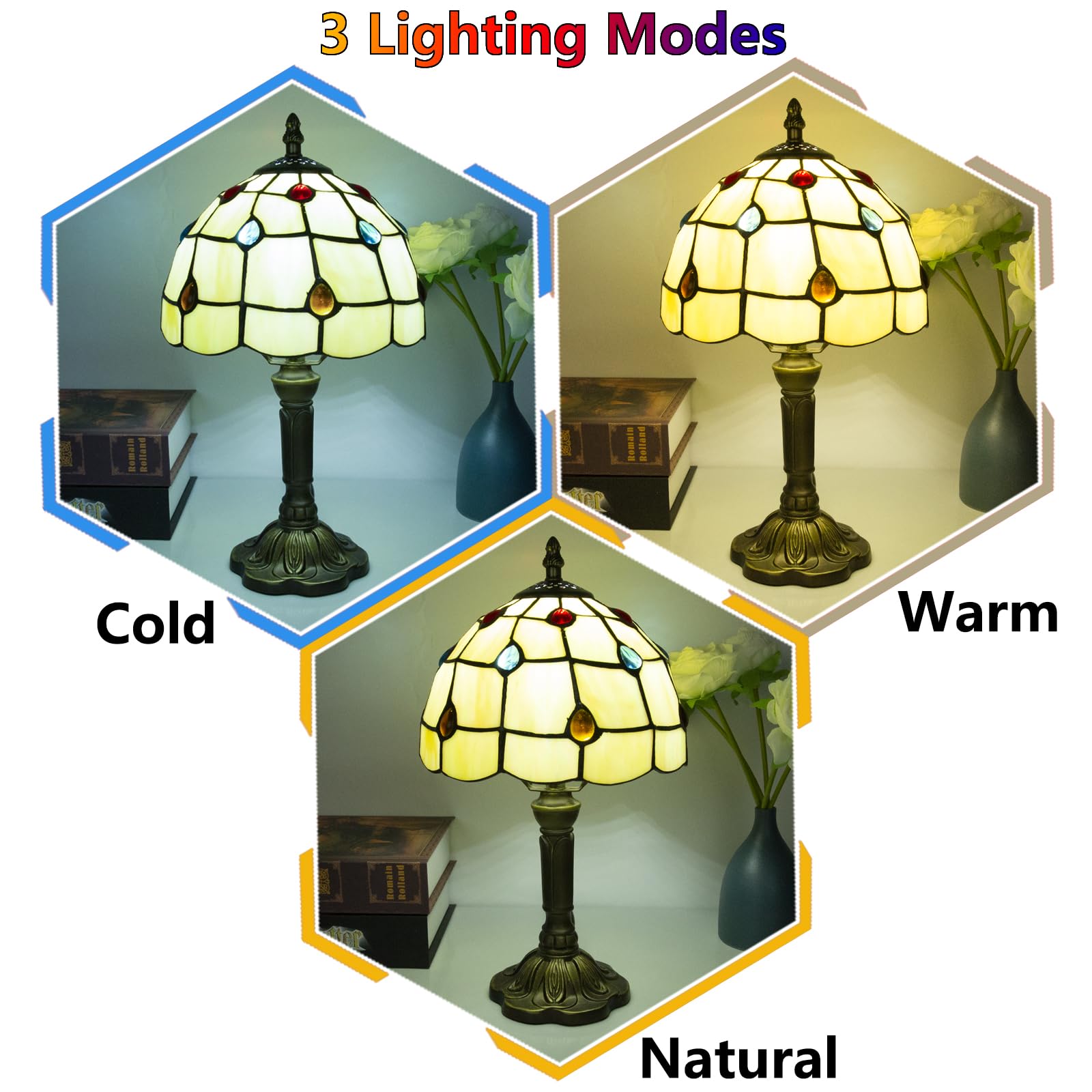 Crefotu Tiffany Style Table Lamp, 3 Color Temperatures Bedside Lamp, 8 Inch Stained Glass Desk Light For Home Office Bedroom Liv