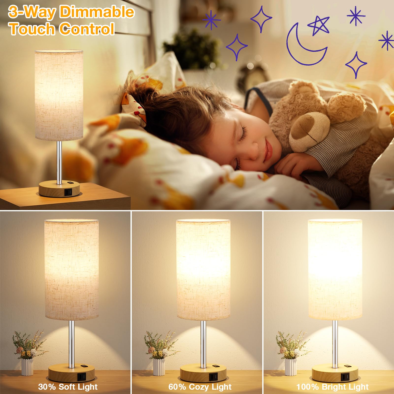 Touch Bedside Table Lamp With Usb - 3 Way Dimmable Wood Lamp For Bedroom Nightstand, Desk Lamp With Charging Station For Dorm, O