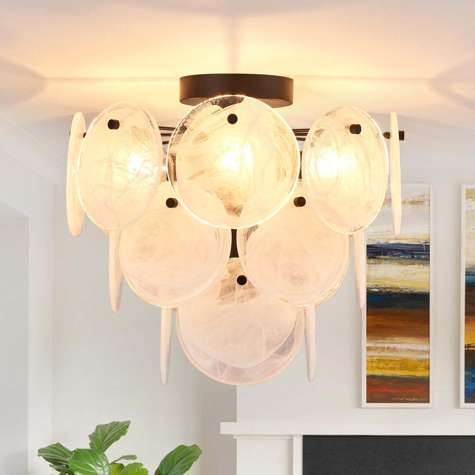 VANZARLA Modern Flush Mount Glass Ceiling Light, Black Hallway Lights Vintage Chandelier, 4-Light Unique Light Fixture for Bedro