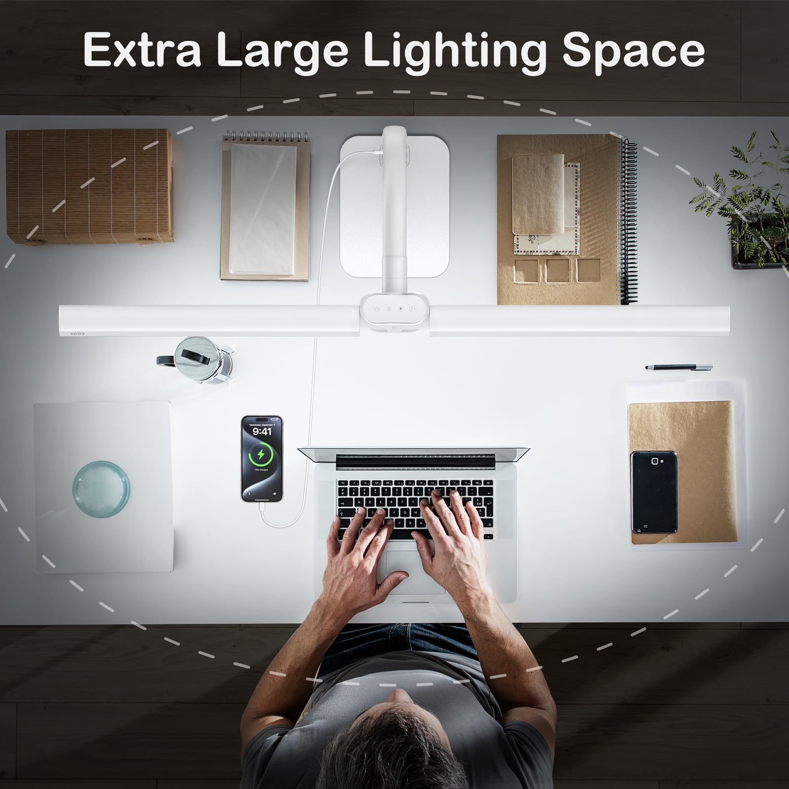 Kary Desk Lamp - 24W LED with USB Charging, Adjustable Gooseneck, 5 Color Modes, White, Model KX02D