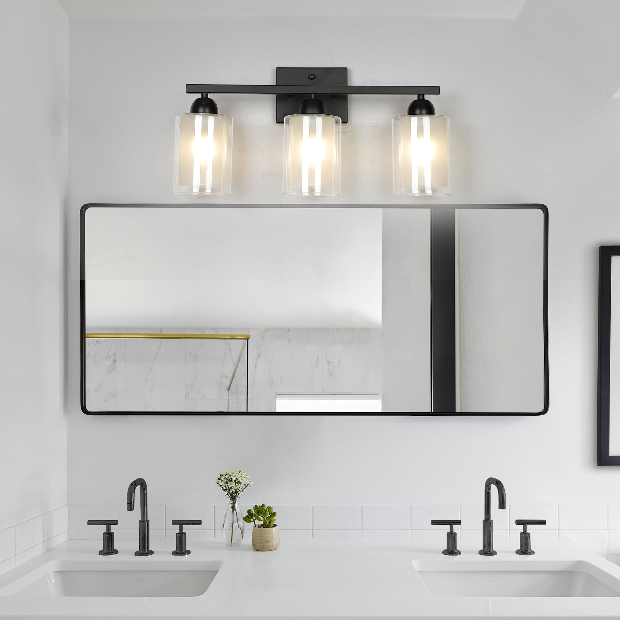 Mecgirn Matte Black Bathroom Vanity Light, 3 Light Fixtures with Milk Glass and Clear Glass Shades, Model B0007-3-Black