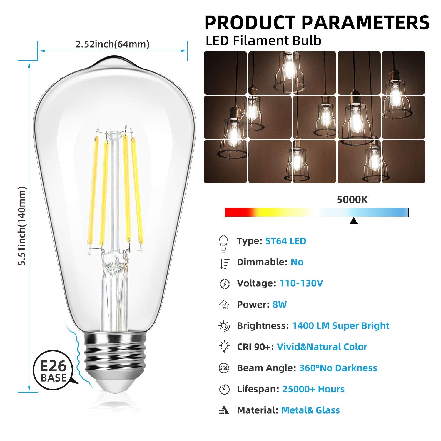 Brightever 4-Pack LED Edison Light Bulbs, 8W, 100W Equivalent, 1400 Lumens, 5000K Daylight White, E26 Base, Antique
