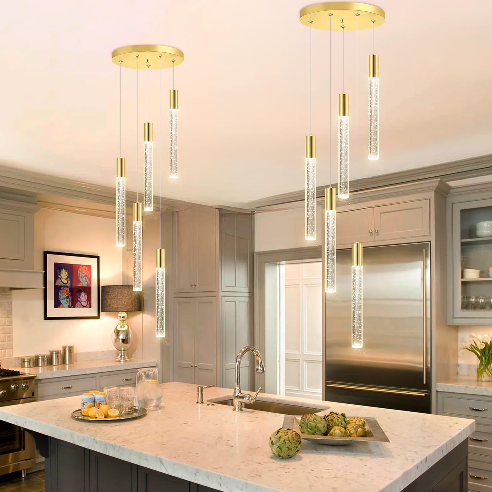 HAIXIANG 5-Lights Chandelier Modern Crystal Pendant Lighting Stainless Steel Gold MMQ3810 for Kitchen Island Dining Room