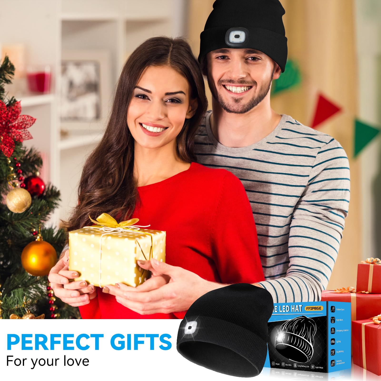 FFIPBGE Beanie Hats with Light, USB Rechargeable Headlamp, 2 Pack, Black, Model BHL2413, Ideal for Camping and Hiking