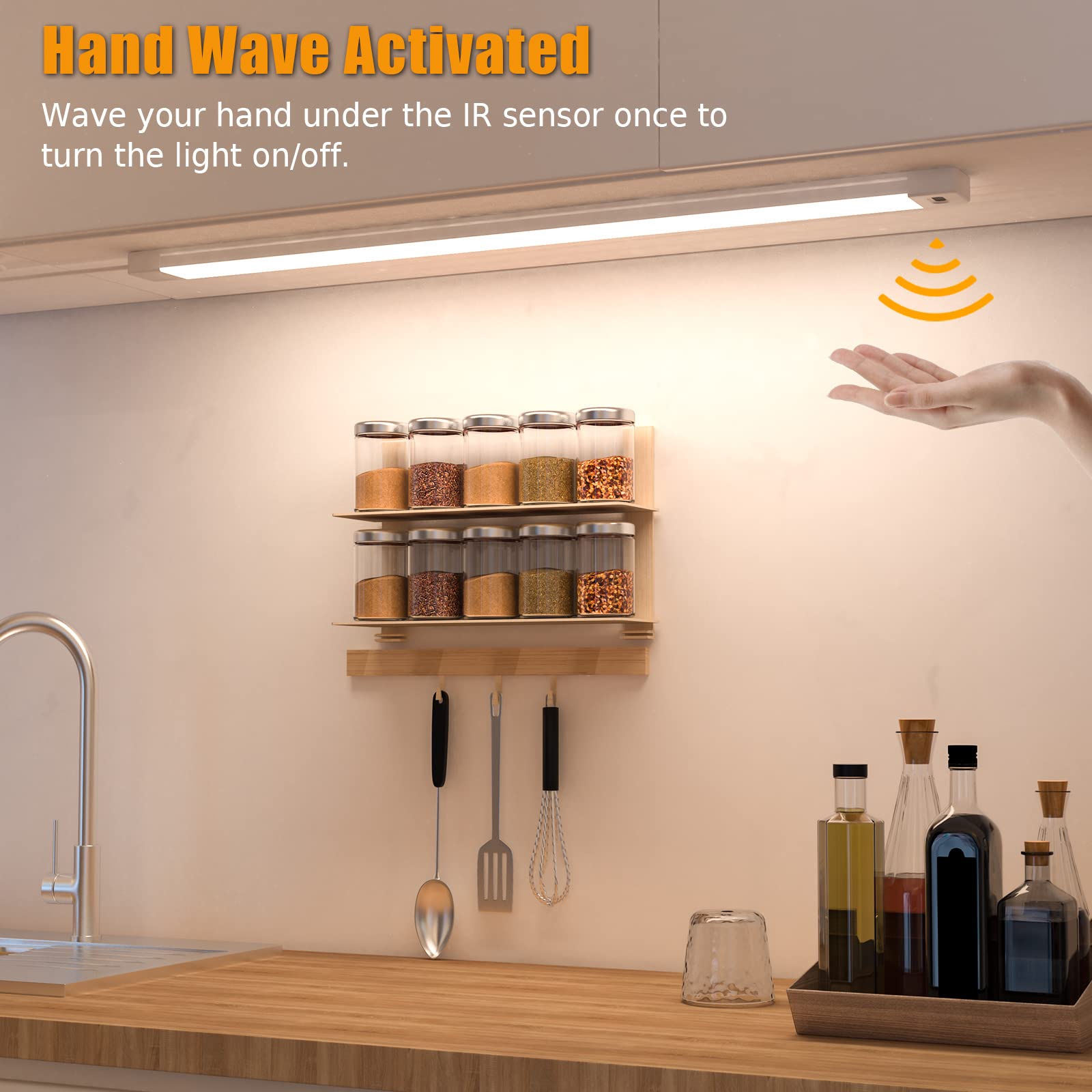 2Pcs Hand Wave Under Cabinet Lights, 16'' Under Counter Lighting With Dimmable And 4000K Natural White,Plug And Play,Led Lights