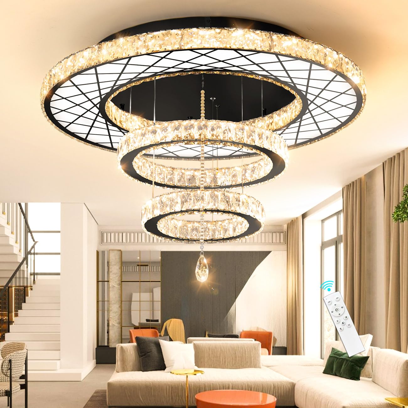HAIXIANG Crystal Glam Chandelier LED Ceiling Light Living Room Lighting Fixtures Remote Dimmable Ceiling Chandeliers 32 Inches L