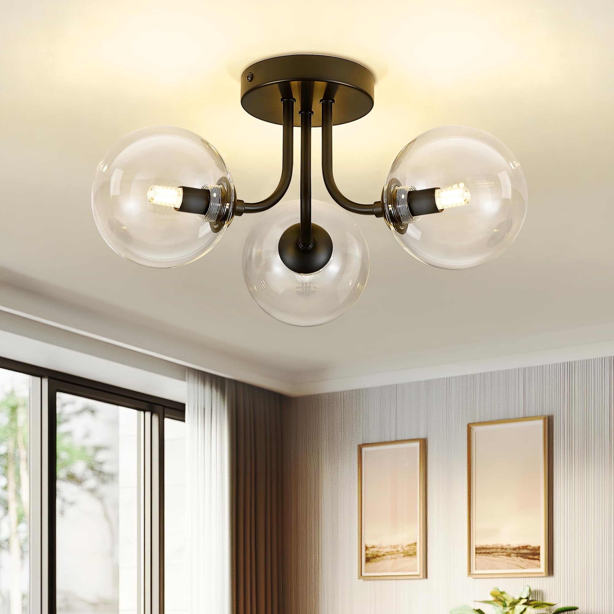 Cargifak 3-Light Flush Mount Ceiling Light, Black & Clear Glass, Modern Farmhouse Design, Model CKCL4845-3W-CLBK