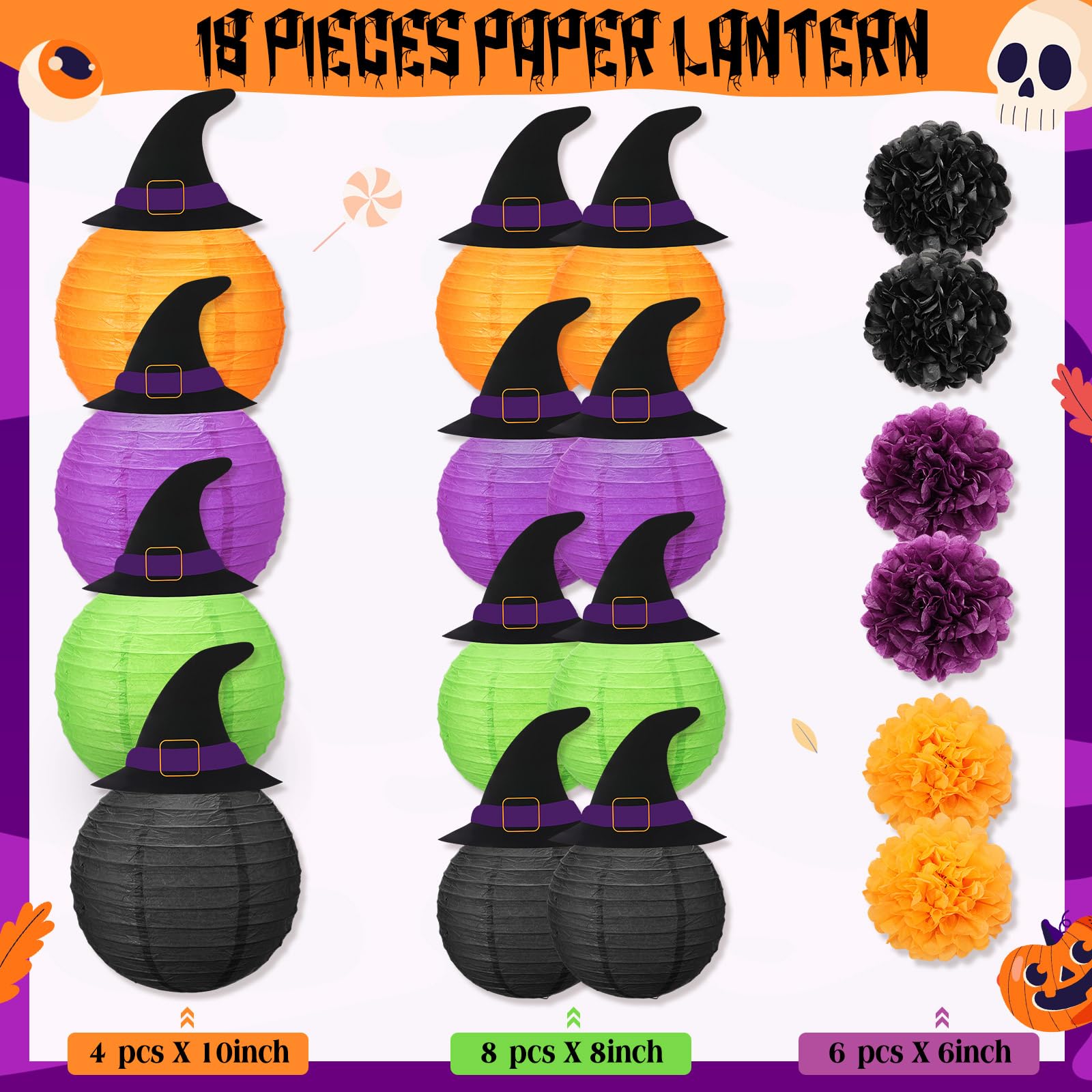 Retisee 18 Pcs Halloween Paper Lanterns, Purple and Black, Hanging Decorations with Witch Hat, Indoor/Outdoor Party Supplies