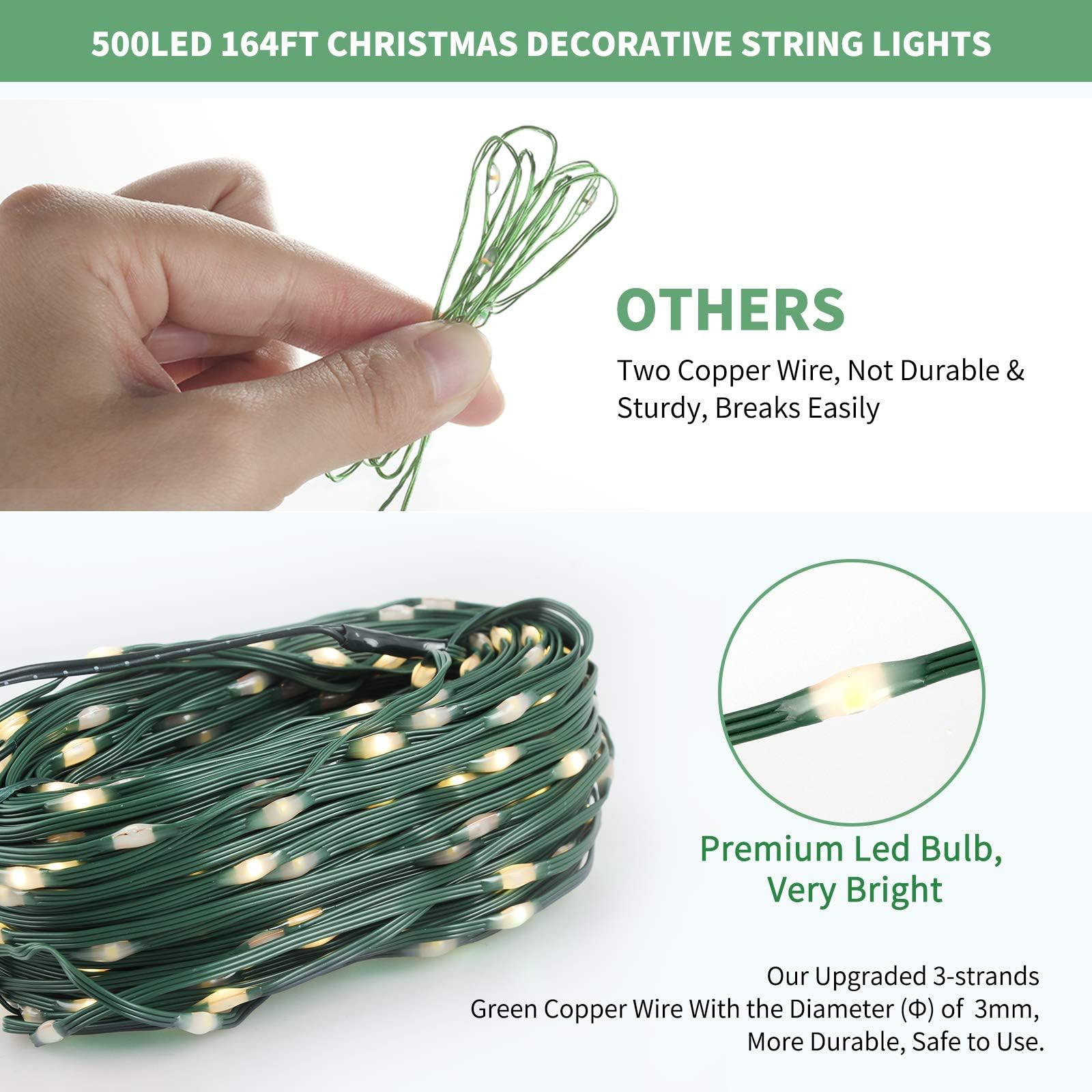 Tcamp 164Ft 500 Led Red Christmas Lights  8 Modes Christmas Tree Lights With Timer Memory Function  Green Wire Starry Fairy String Light For Xmas Tree Outdoor Indoor Decor