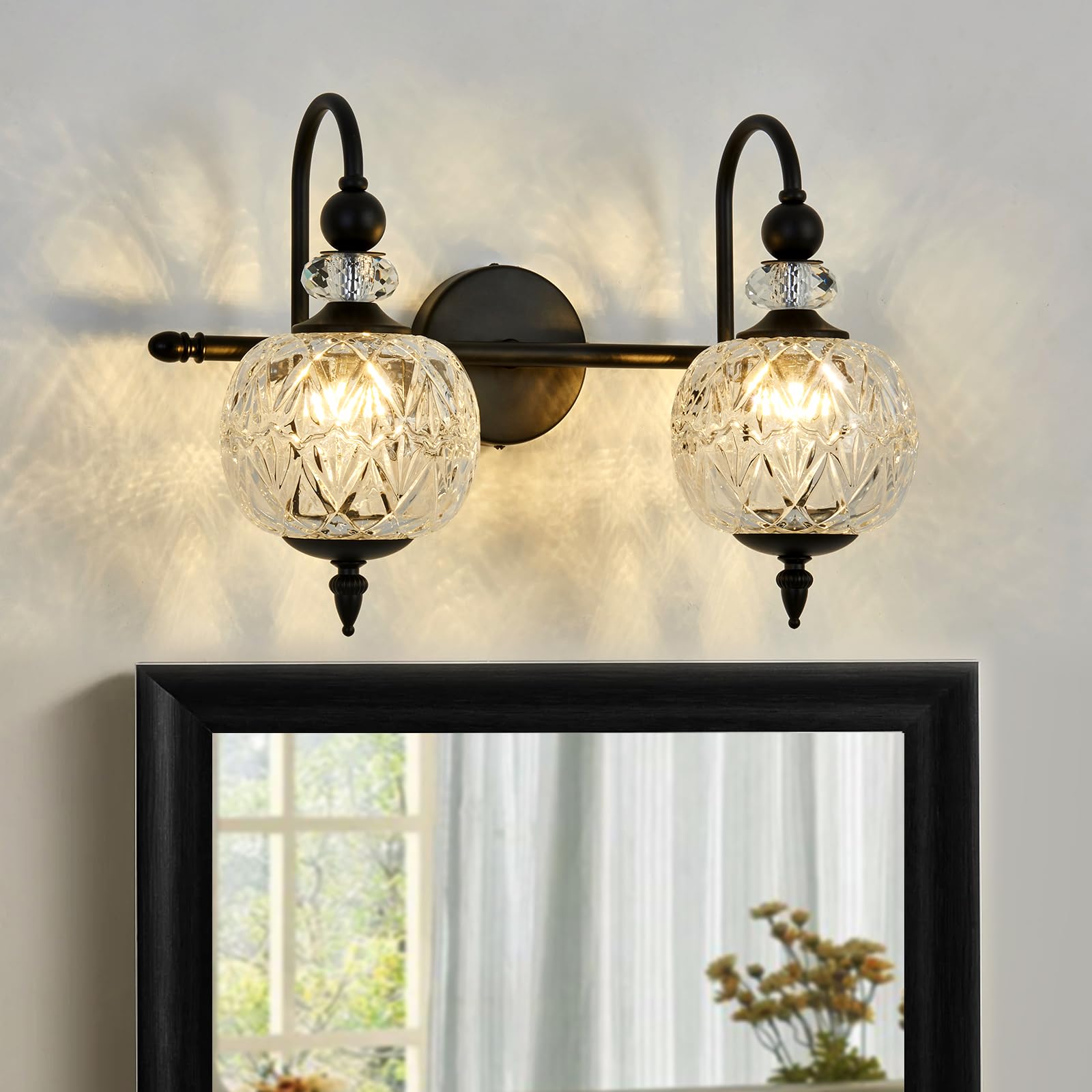 Piepooye Vintage Bathroom Light Fixtures Black Vanity Light With Glass Globe Lampshade 2 Lights Mid Century G9 Bulb Wall Sconce Indoor Vanity Light Over Mirror For Kitchen Bedroom Farmhouse