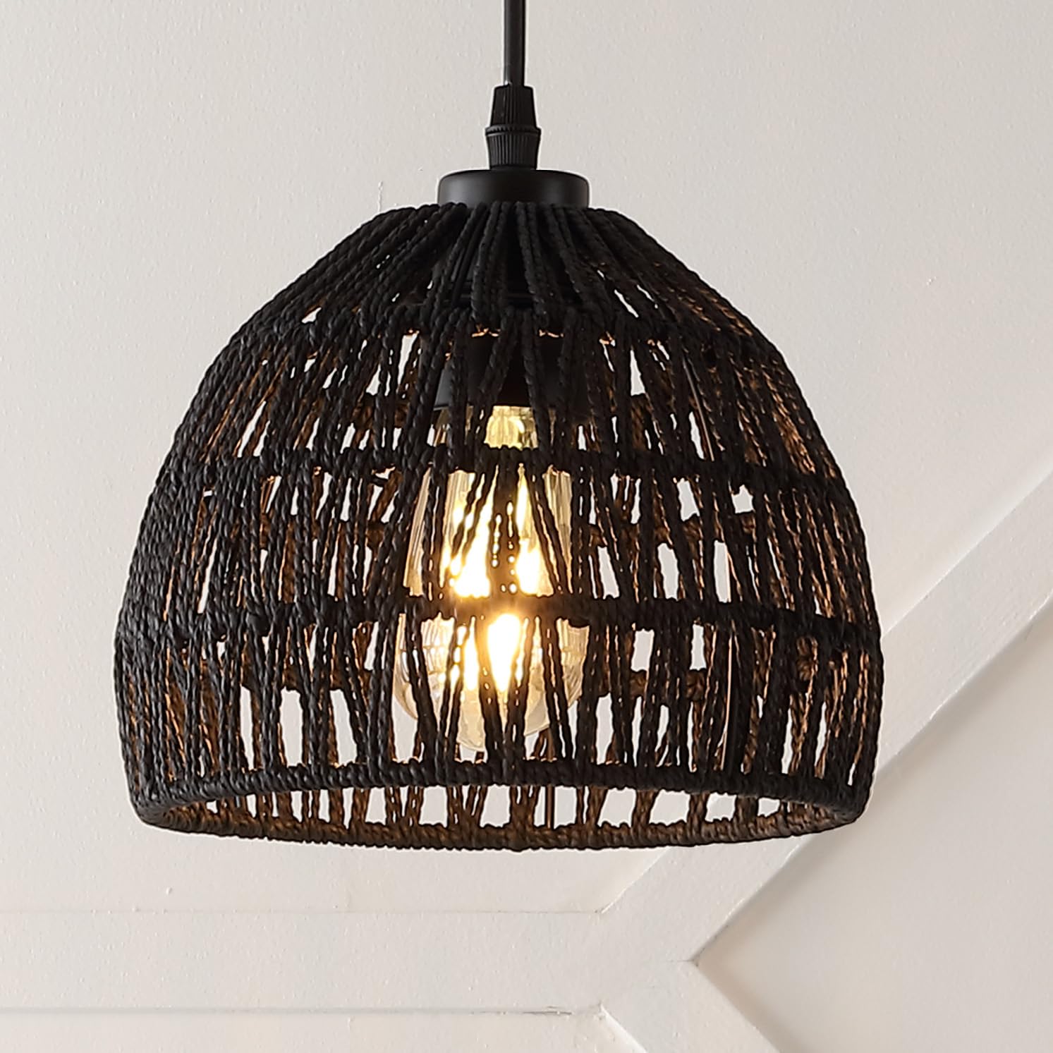 JONATHAN Y JYL6512B 1-Light Bohemian Modern Pendant, 8.25in Woven Rope/Iron, Black