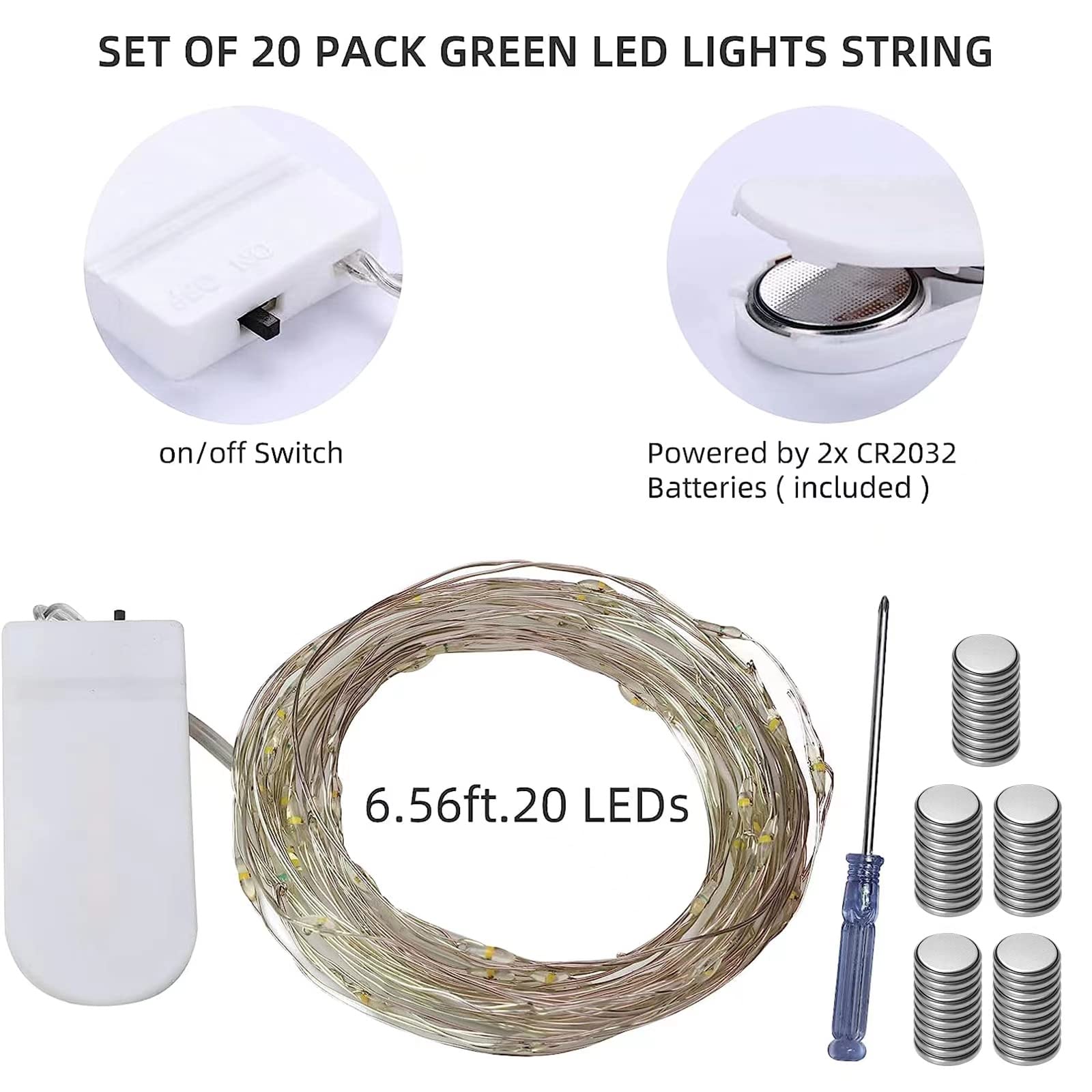 Lamphome 20 Pack Fairy Lights Battery Operated String Lights, 20 Led On 6.6Ft Silvery Copper Wire, Firefly Fairy String Lights For Wedding Party Mason Jar Christmas Decorations Bedroom Decor(Green)