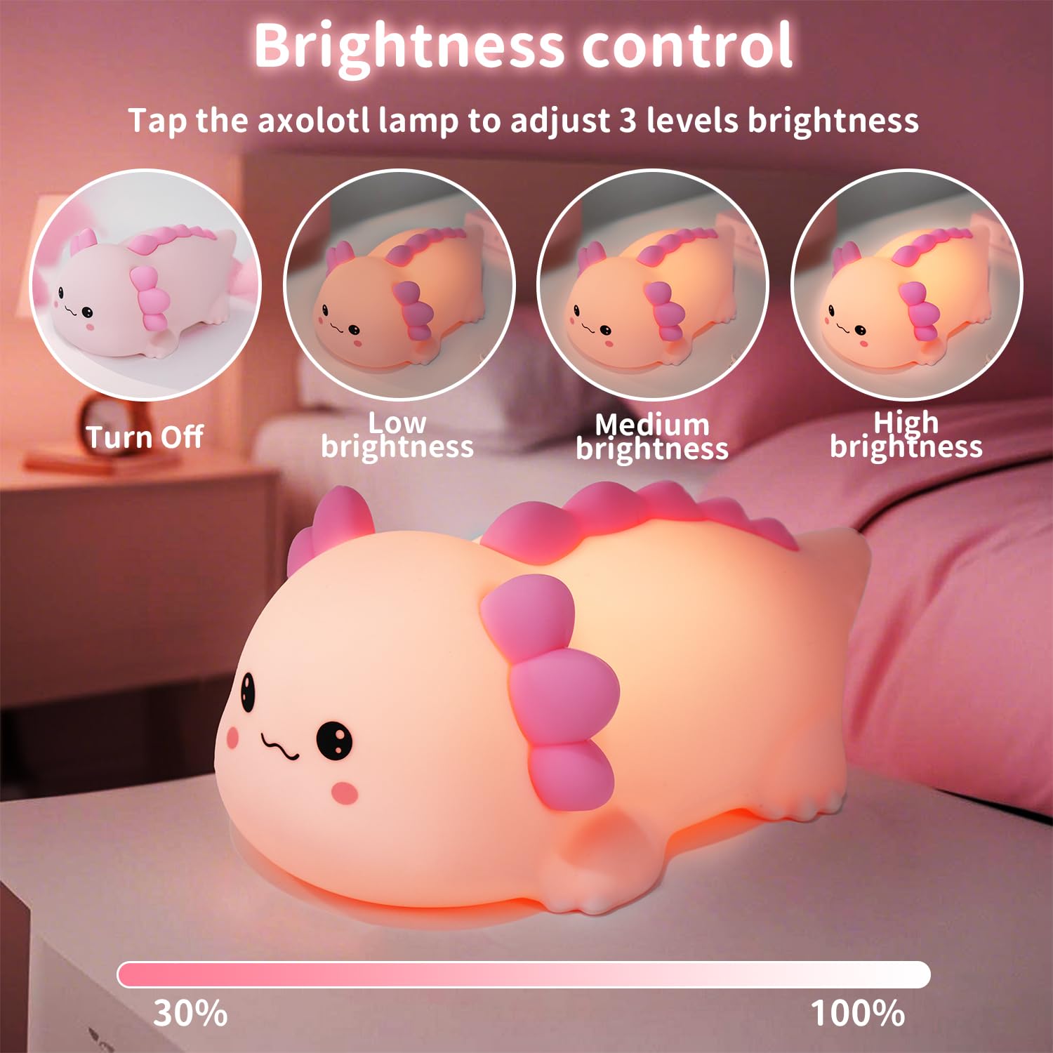 QAQWQAQ Axolotl Silicone Nursery Night Light, Dimmable LED Animal Lamp with Timer,Cute Gifts Rechargeable Bedroom Bedside Lamp w