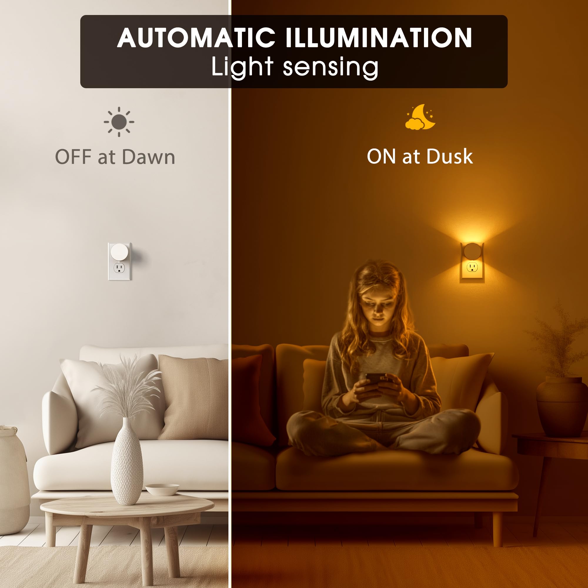 Night Light [2 Pack], Night Lights Plug Into Wall, 3 Adjustable Brightness Levels, Dusk To Dawn Sensor, Soft Amber Glow, Ideal N