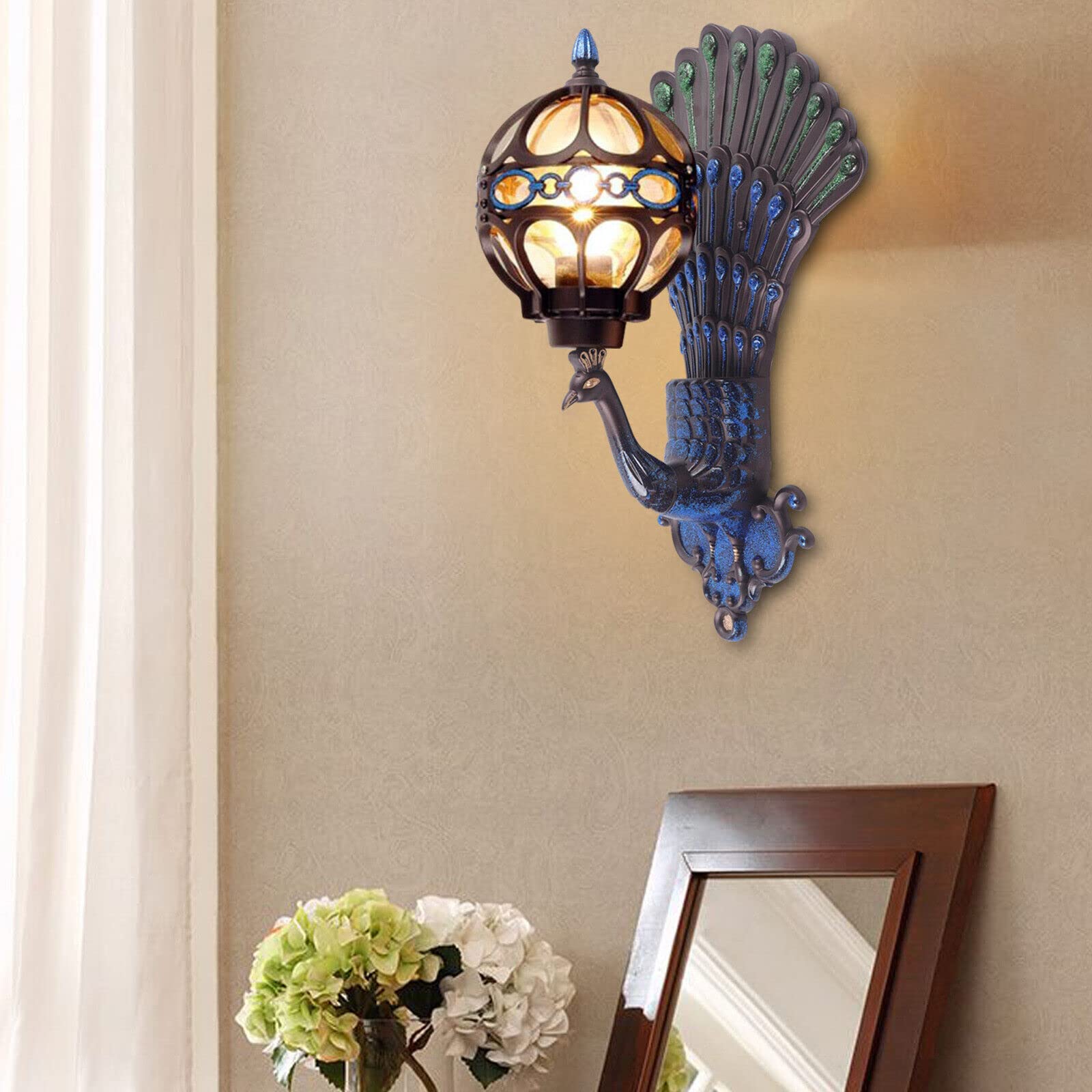 YINZINR Peacock Wall Light Sconce, 21'' Metal LED Lamp, IP65 Waterproof, Antique Style for Porch & Balcony