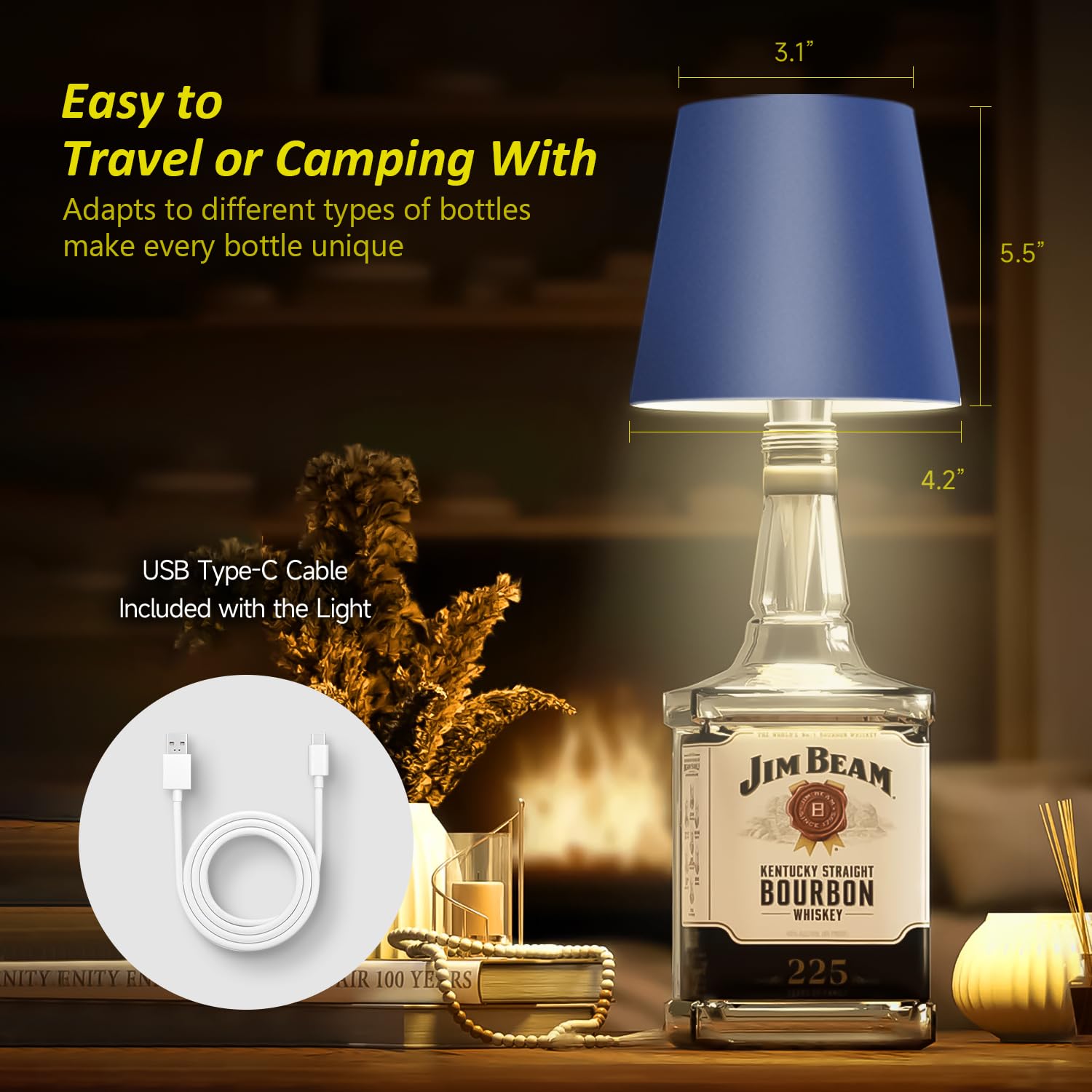 Hoide Wireless Bottle Lamp - Touch Dimming, Rechargeable, Waterproof - 5.7in, Sapphire Blue
