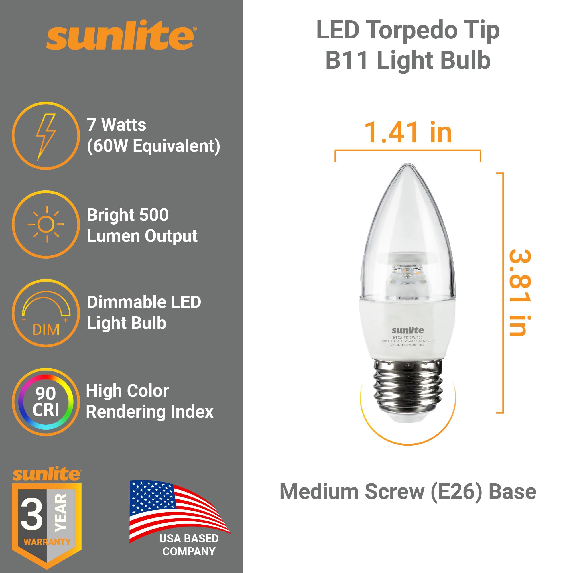 Sunlite LED B13 Torpedo Light Bulb, 7W (60W eq), 500 Lumens, Dimmable, E26 Base, 2700K Soft White, 6