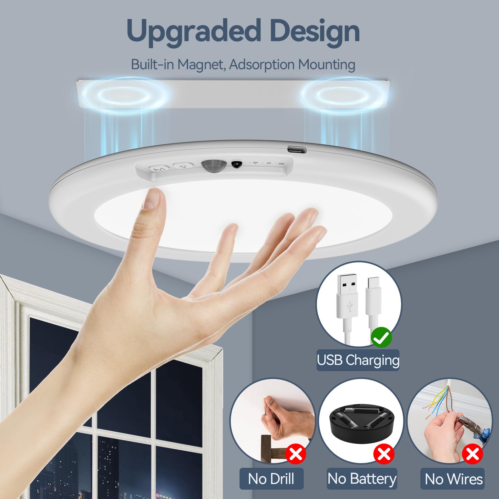 ORYAR Rechargeable Motion Sensor Ceiling Light, 500LM, 3000K/4500K/6500K, Ultra Thin, 1 Pack, White, Model T070