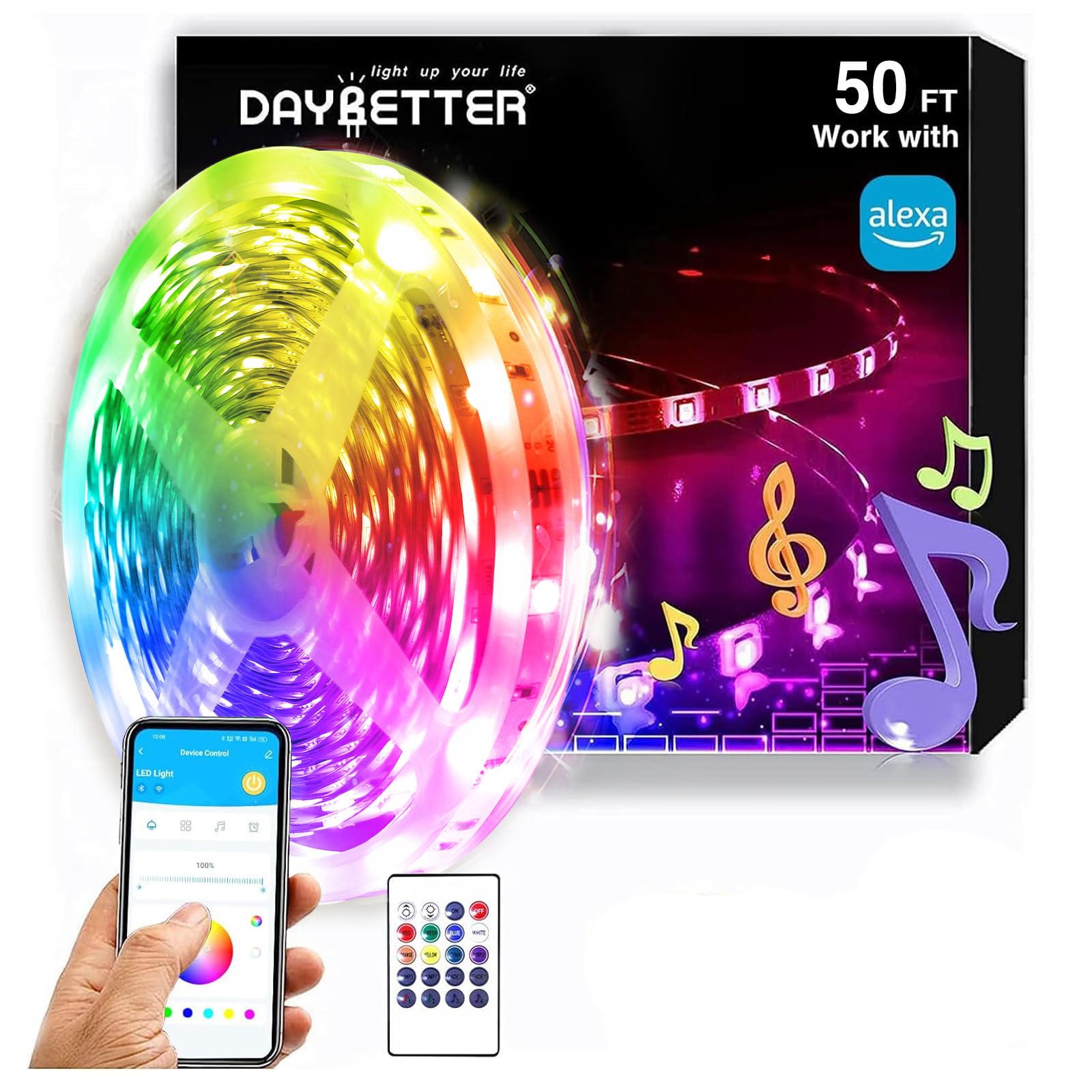 DAYBETTER RGB LED Strip Lights, Smart WiFi Compatible with Alexa & Google Assistant, 50FT, FPC Material, Model TCF02WIFI