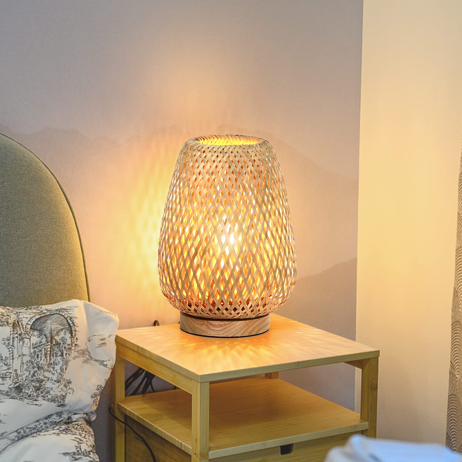 Brightever Rattan Table Lamp, Stepless Dimmable, Small, Wooden, Yellow, Model T1002-1, Perfect for Bedroom and Living Room
